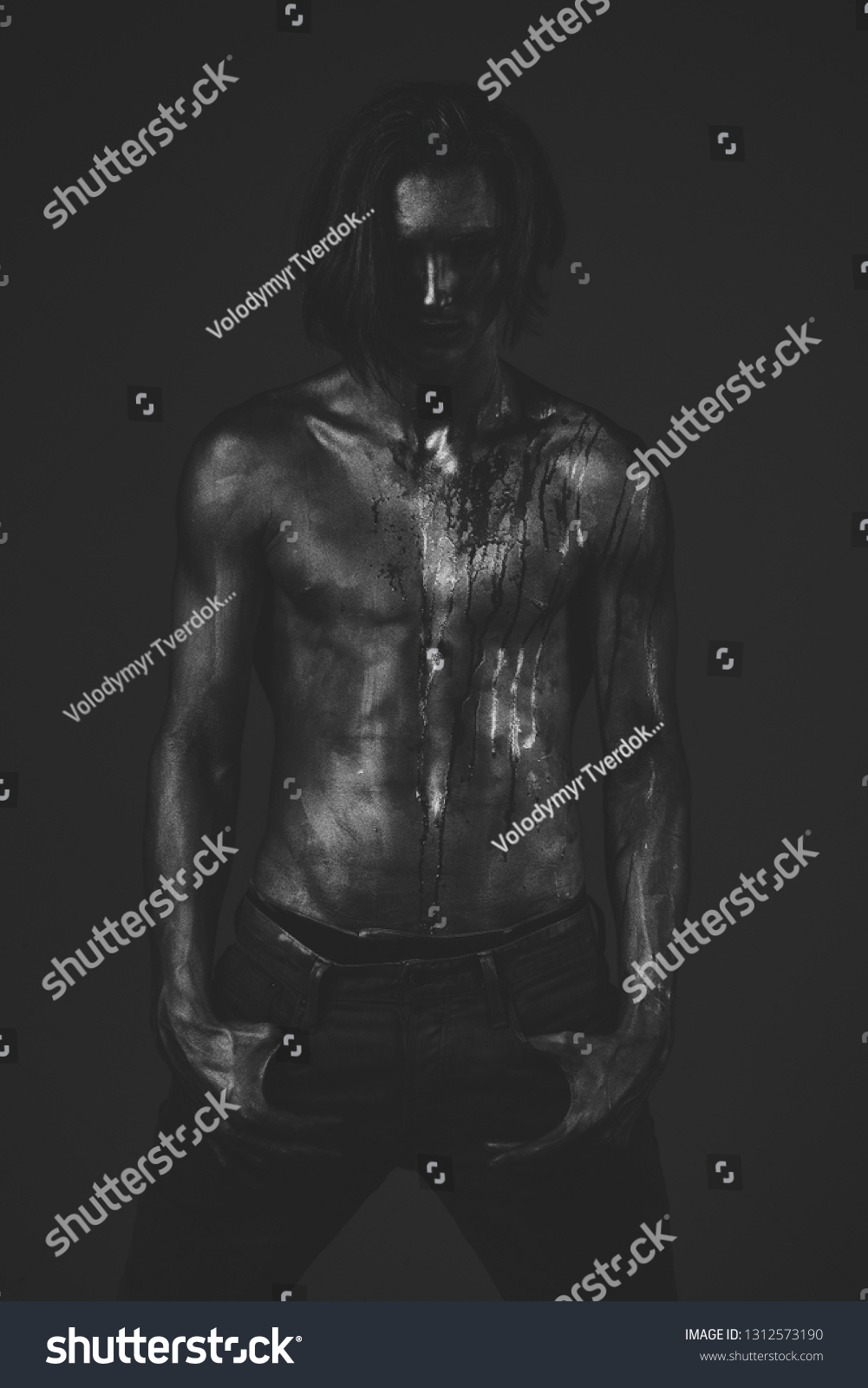 Man Nude Torso Covered Shimmering Silver Stock Photo 1312573190