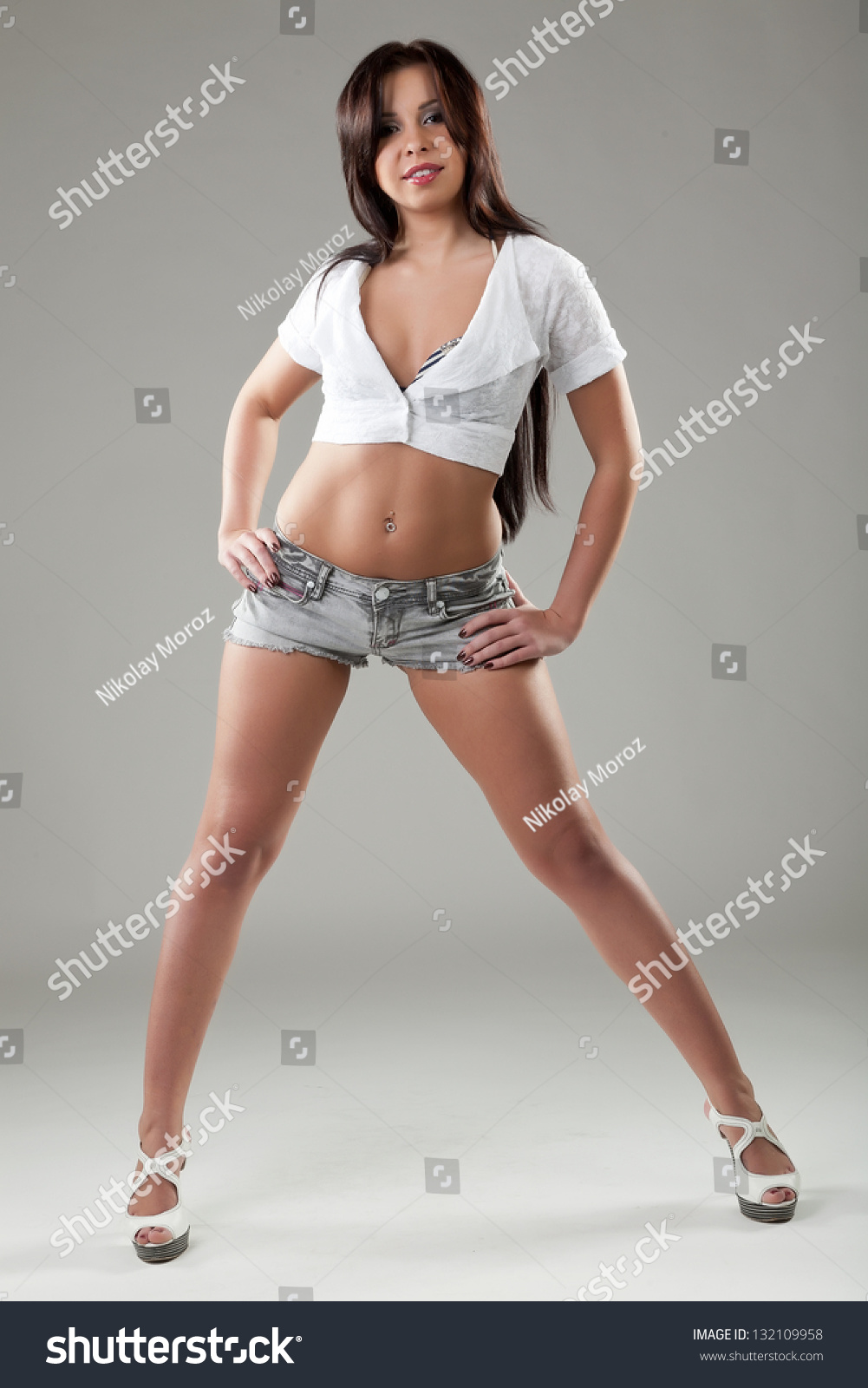 Smiling Brunette Short Shorts Stock Photo 132109958 Shutterstock