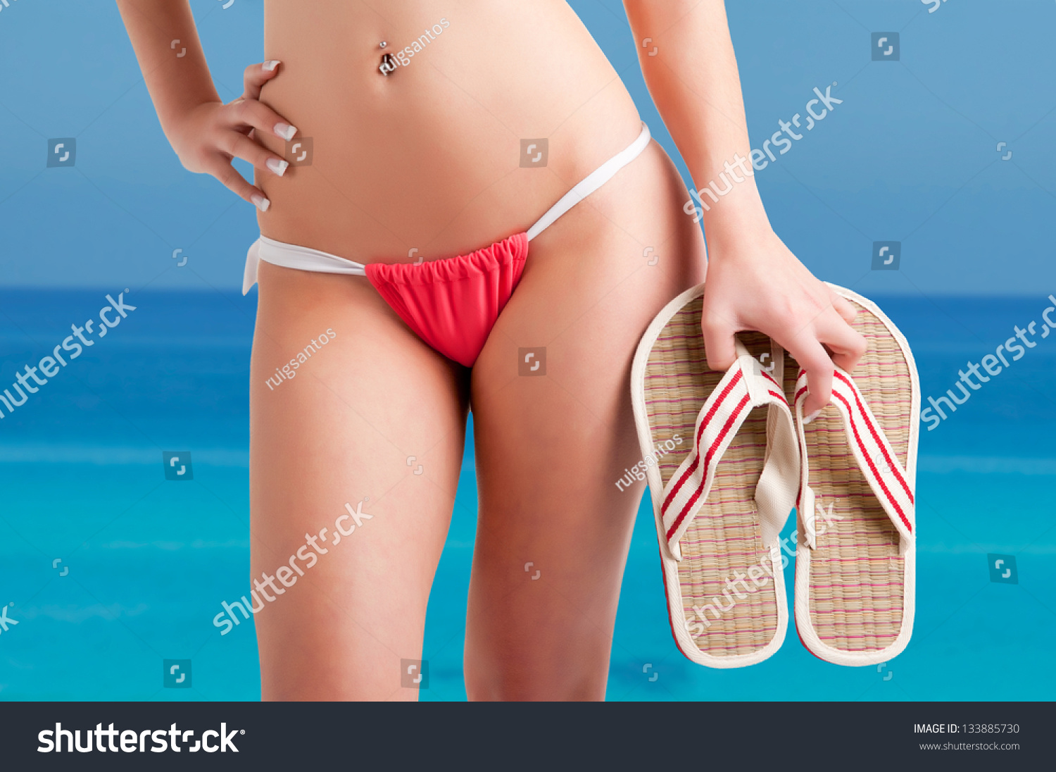 Woman Wearing Bikini Holding Flipflops Ocean Stock Photo 133885730