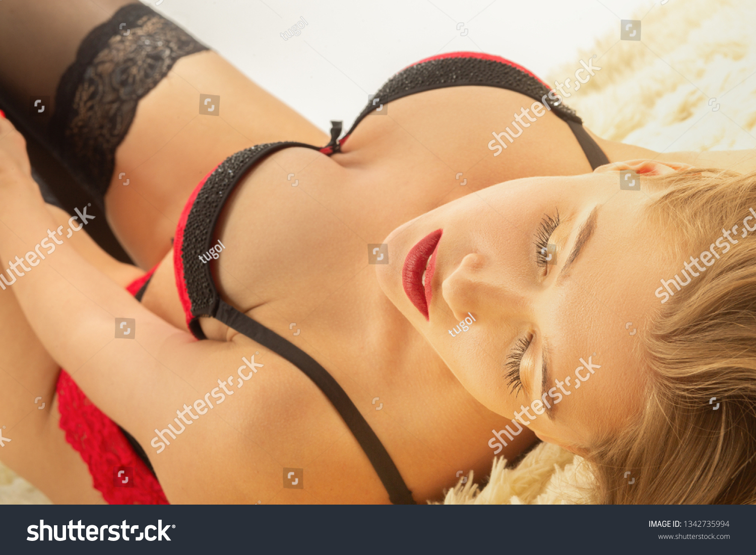 Sensual Aroused Woman Lingerie Lying On Stock Photo 1342735994