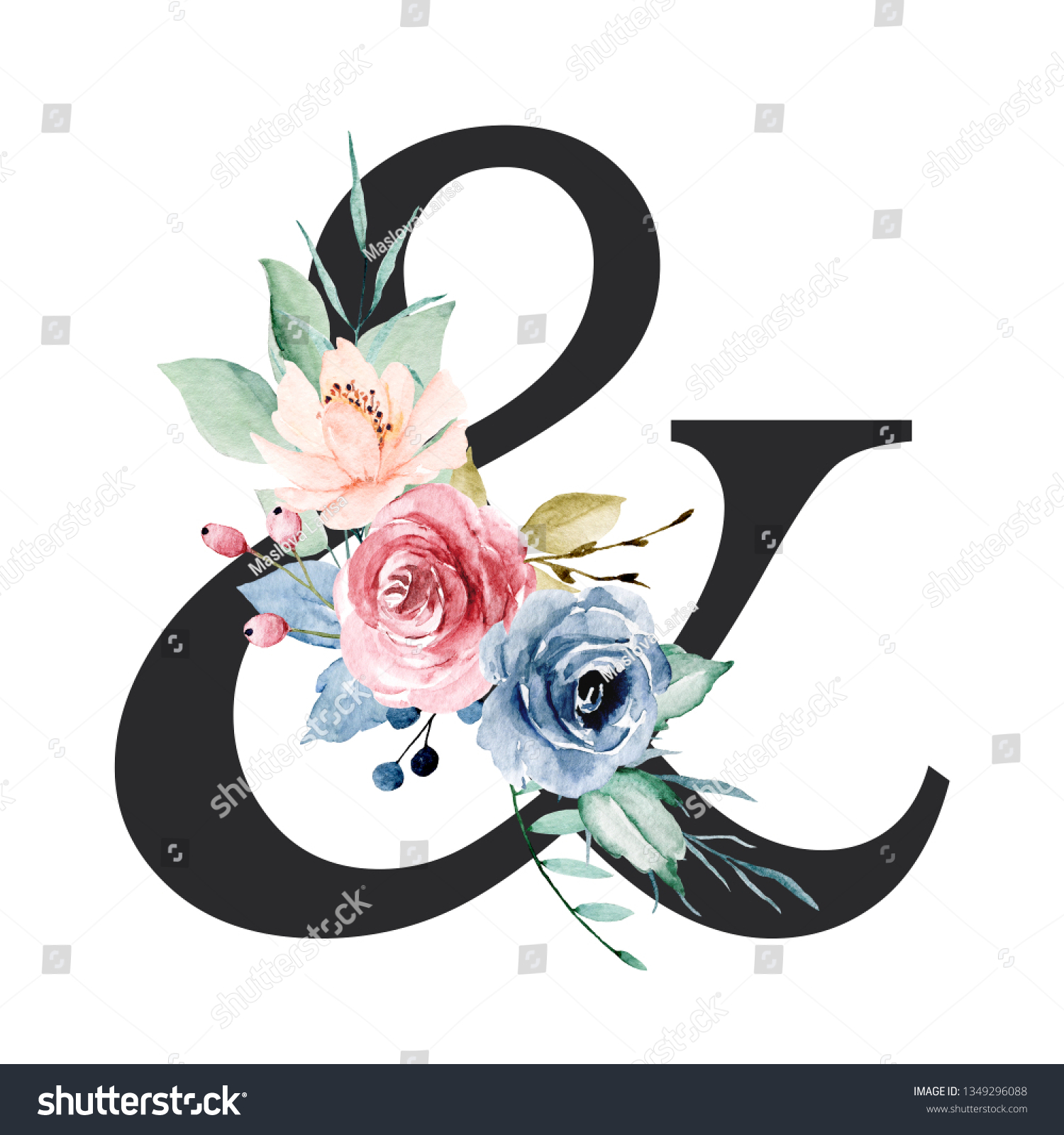 Floral Alphabet Letter Watercolor Flowers Leaf Stock Illustration