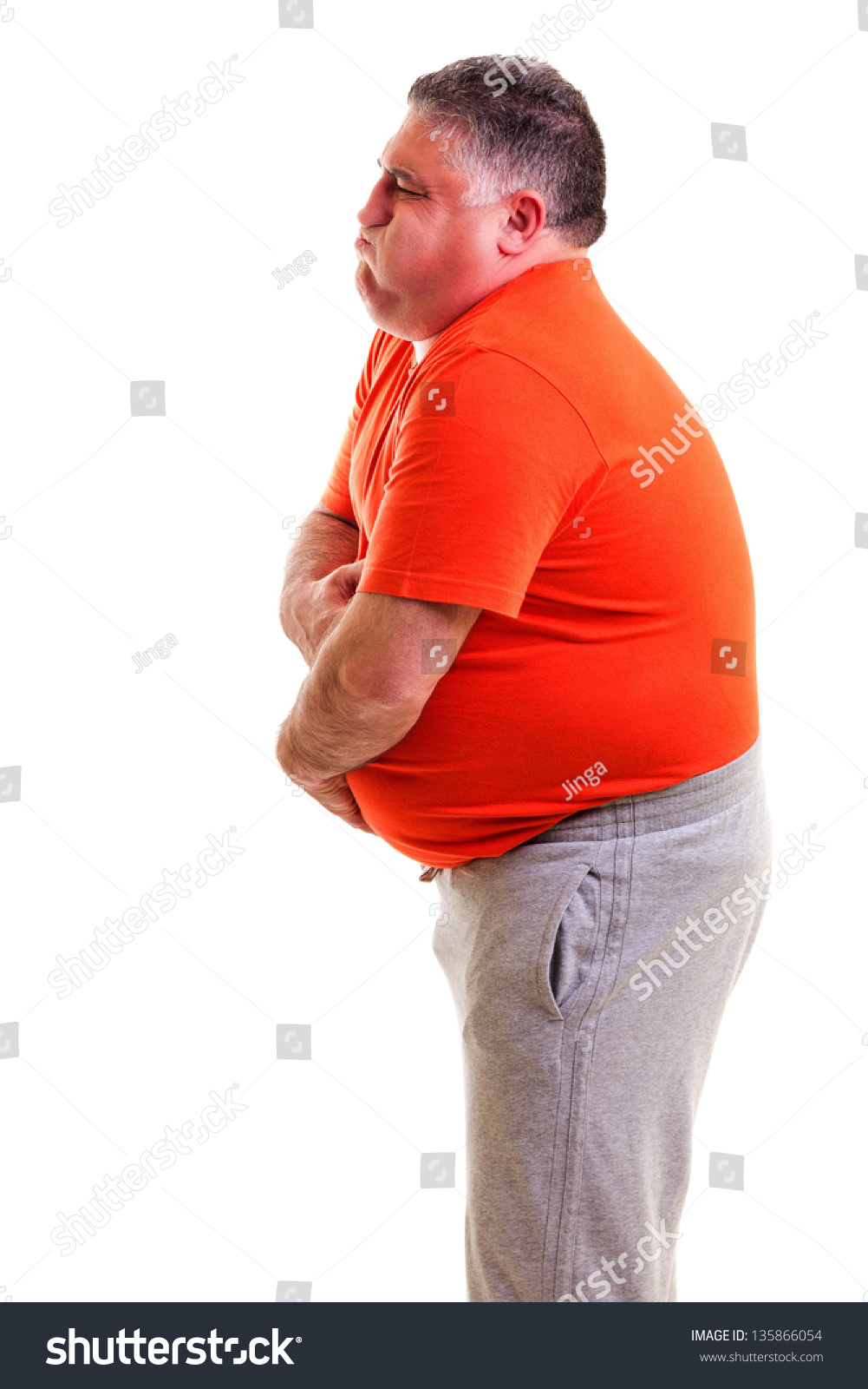 Overweight Man Strong Stomach Pain Isolated Stock Photo 135866054