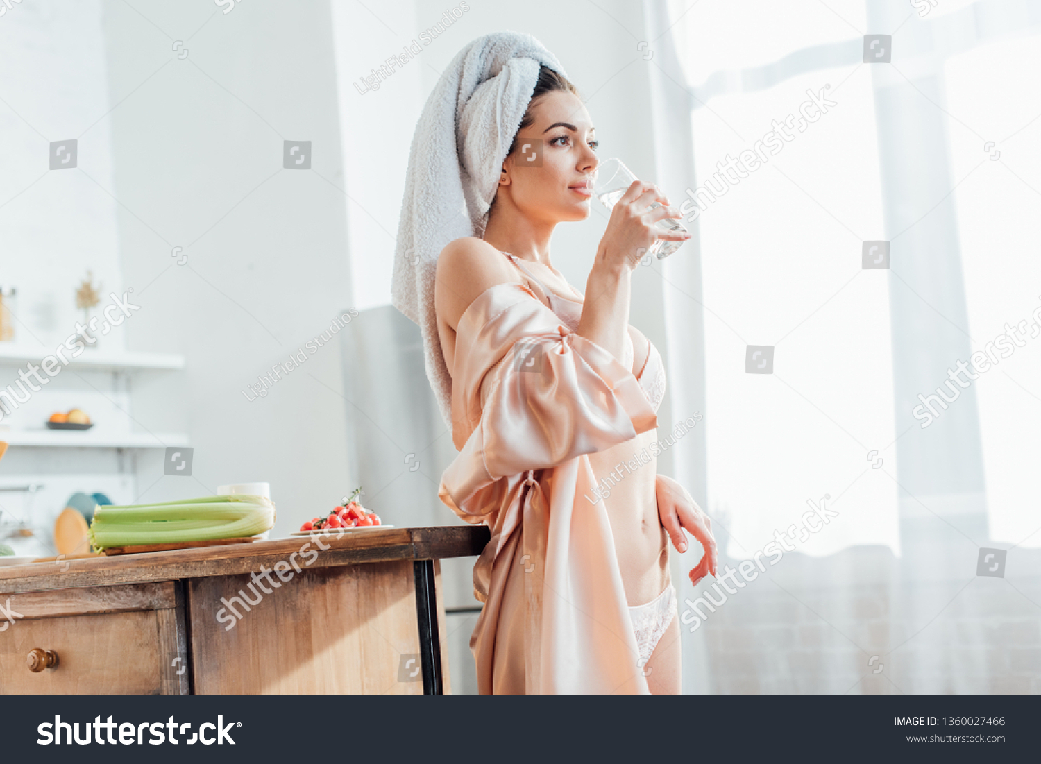 Sexy Girl White Lingerie Housecoat Holding Stock Photo 1360027466