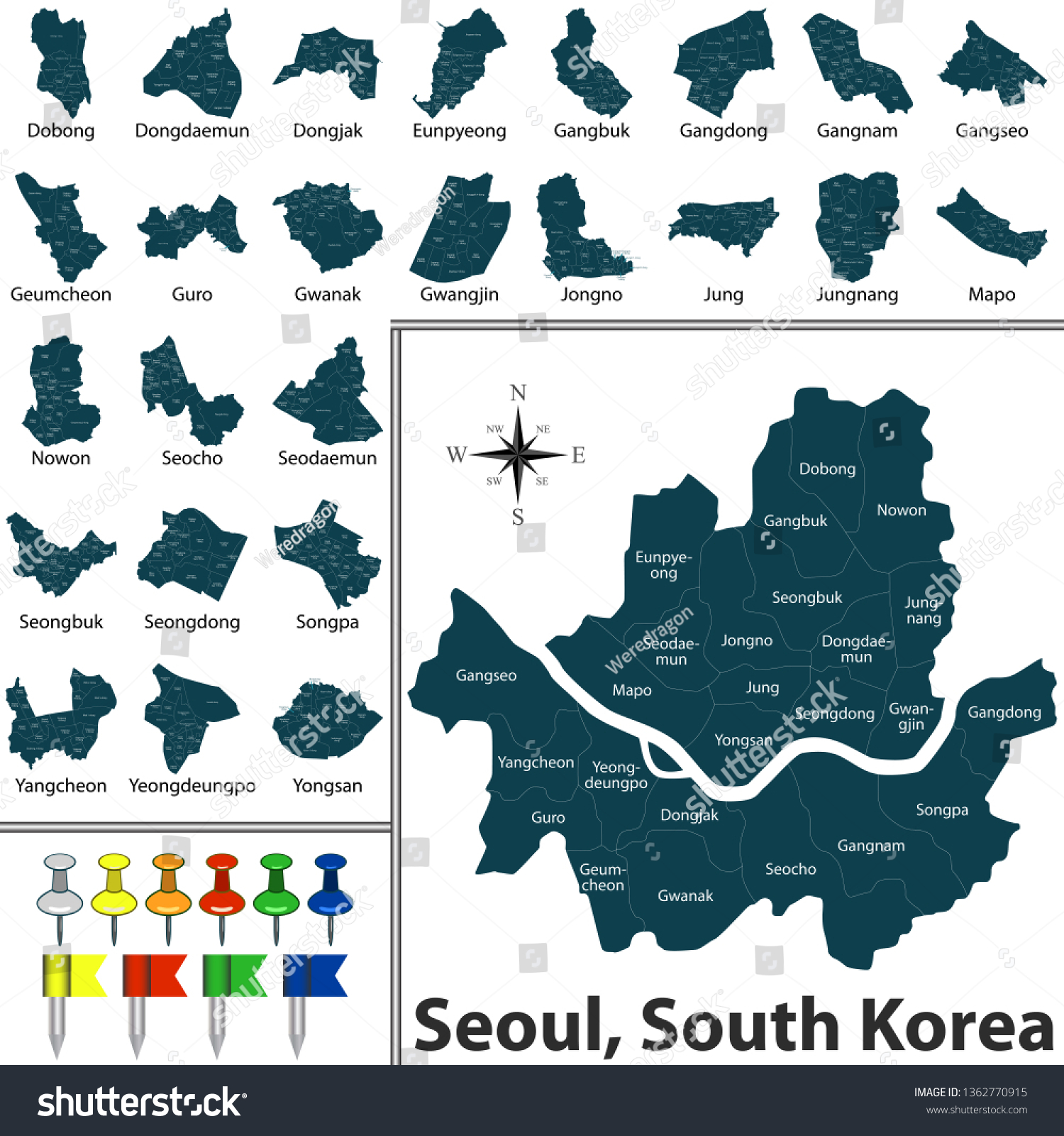 Vector Map Seoul South Korea Districts 库存矢量图免版税1362770915 Shutterstock