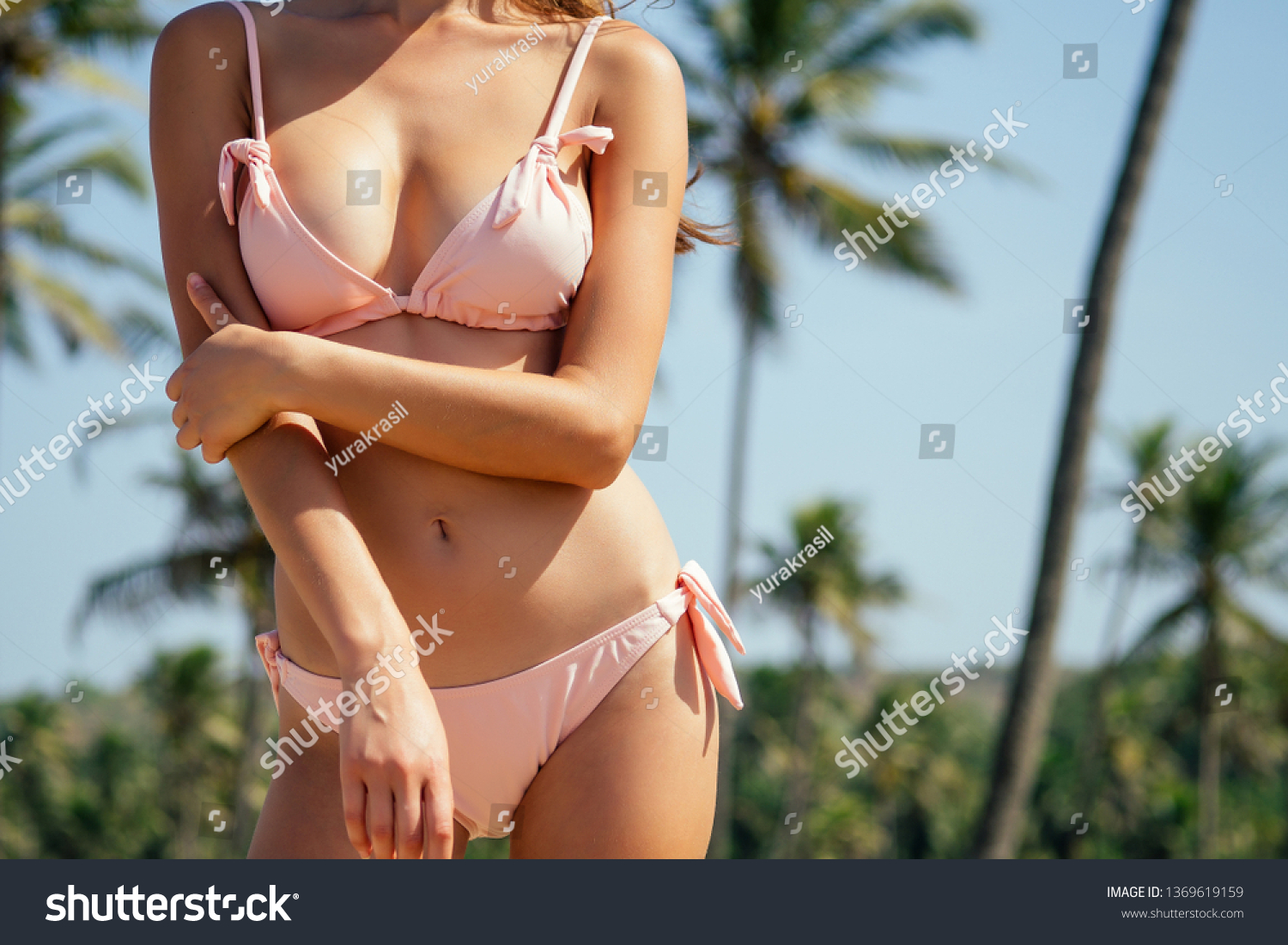 Beautiful Tanned Female Fitness Big Boobs Stock Photo