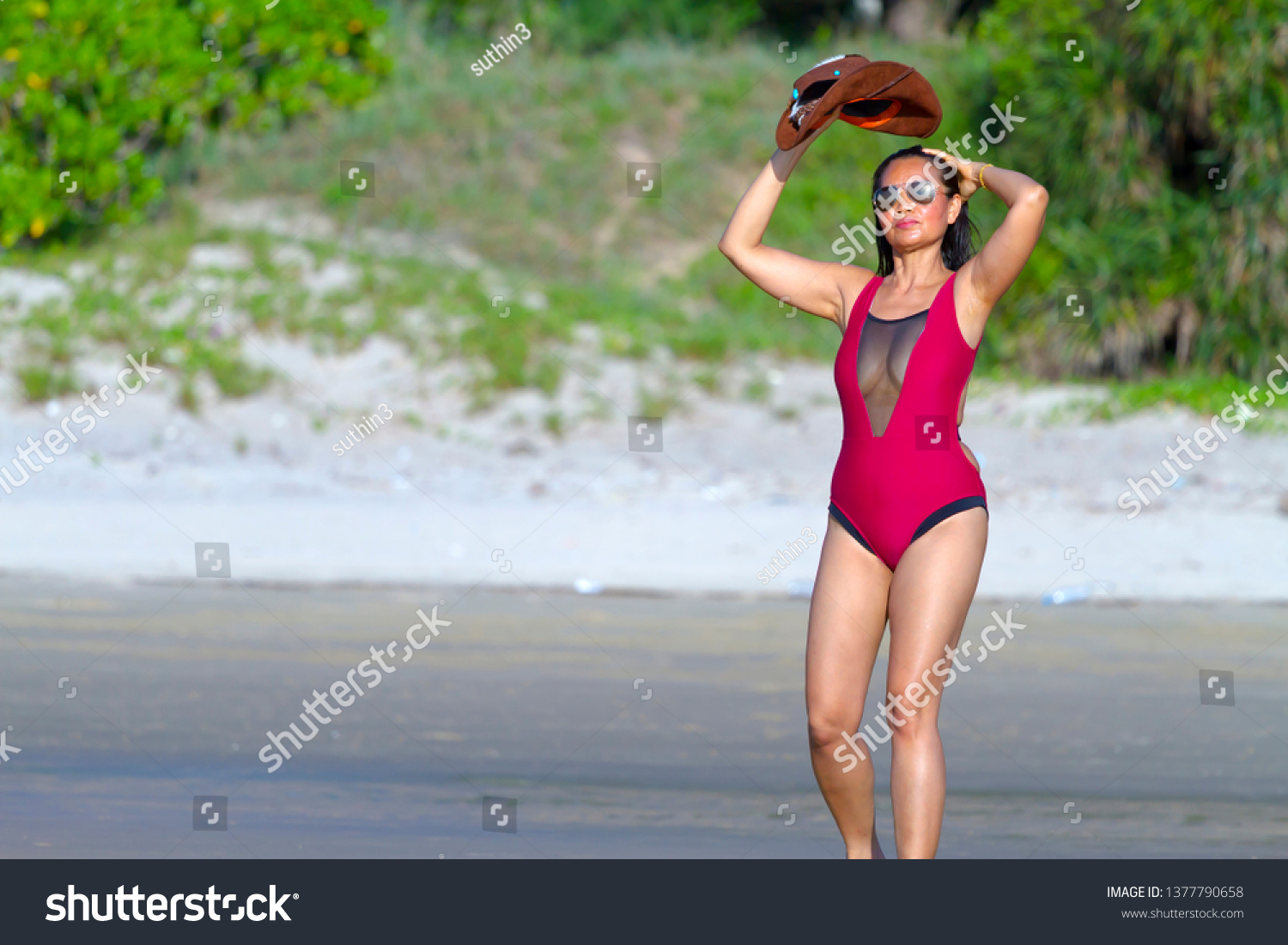 Woman Bikini Crimson Relax On Beach Stock Photo Shutterstock