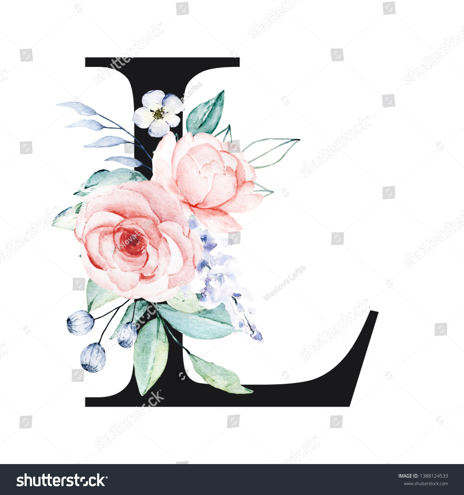 Floral Alphabet Letter L Watercolor Flowers стоковая иллюстрация