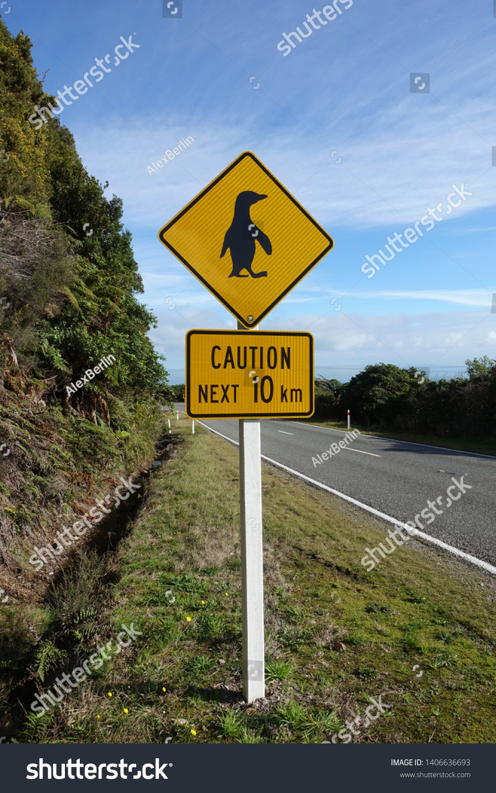 Warning Sign New Zealand Caution Pinguins Stock Photo