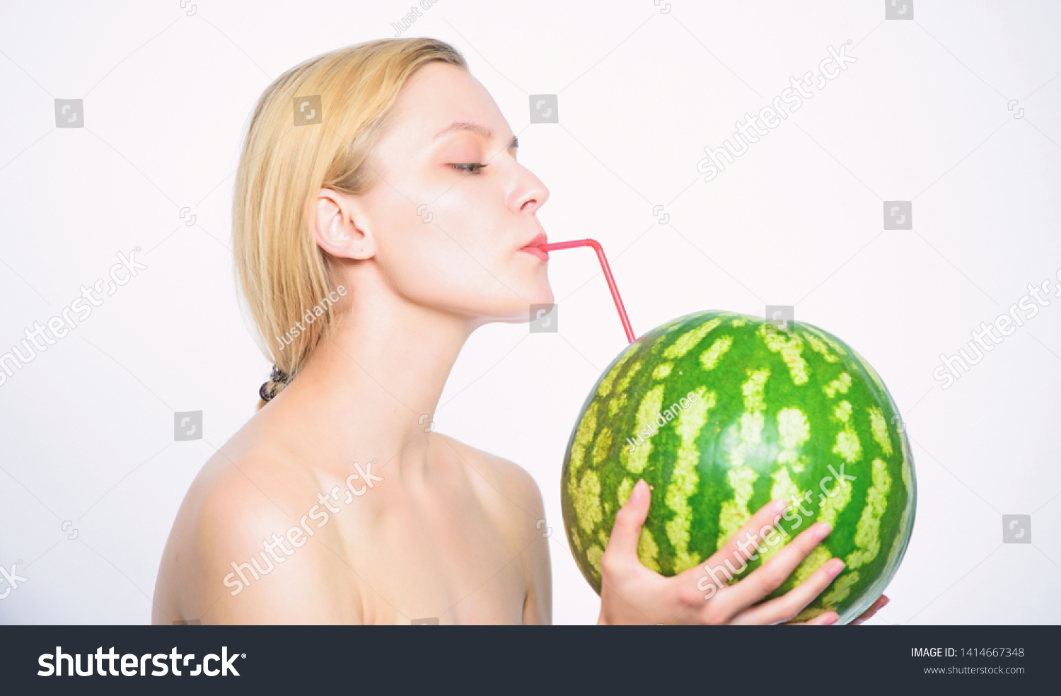 Sip Freshness Girl Thirsty Attractive Nude Stock Photo