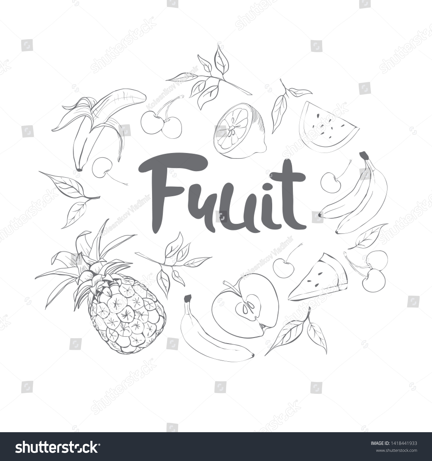 Set Sketch Fruits Fresh Tasty Food Stock Vector Royalty Free