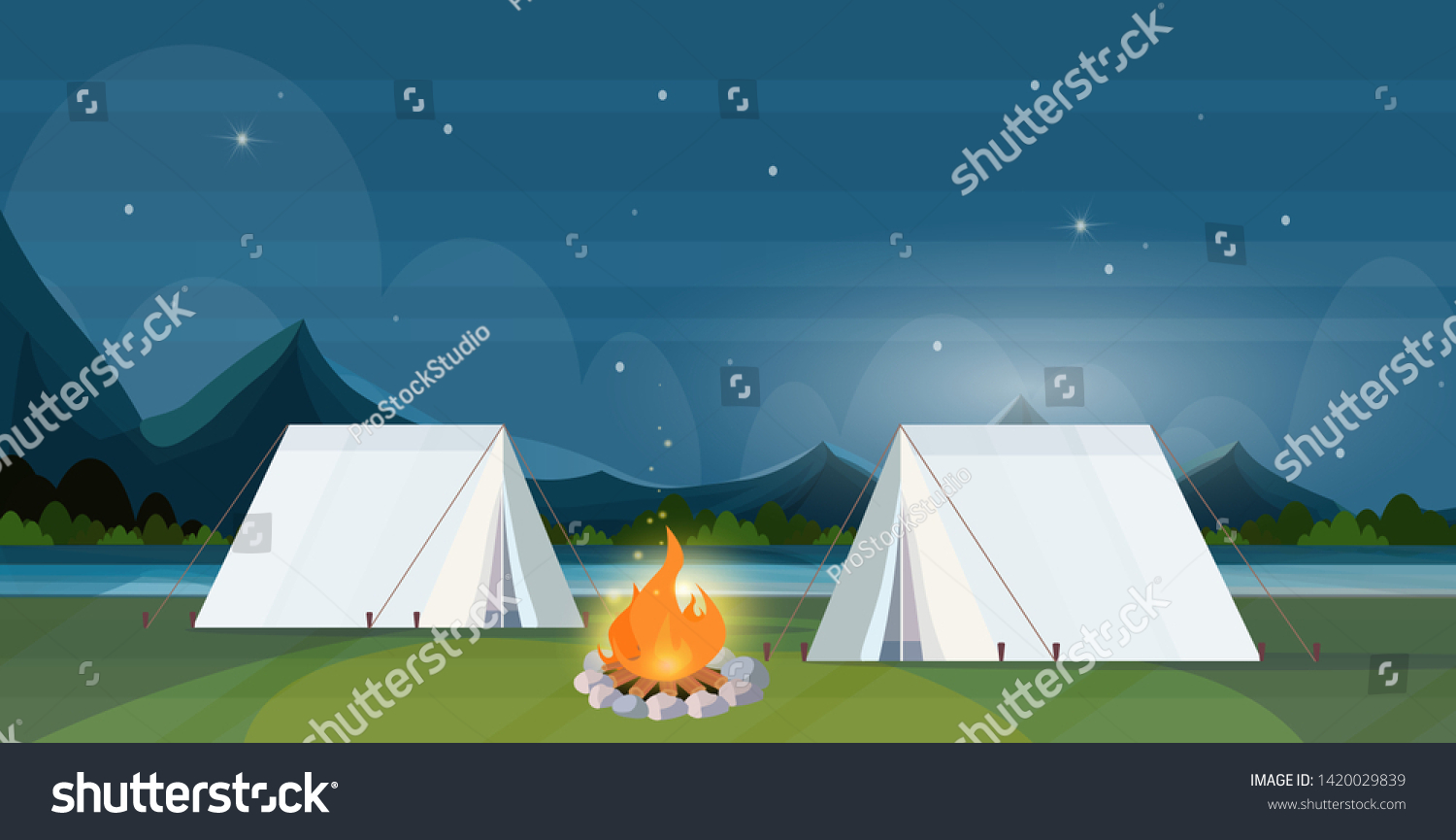 Vektor Stok Tent Camping Area Campfire Night Campsite Tanpa Royalti