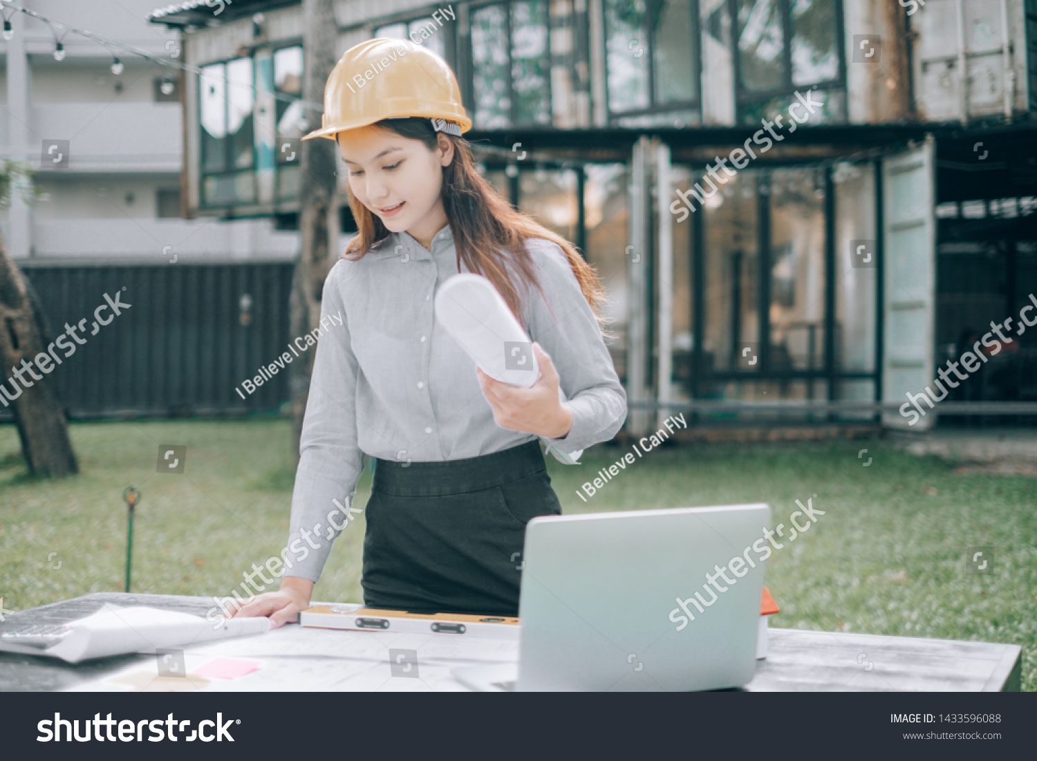 Engineers Pointing Building On Blueprint Drawing Stock Photo 1433596088