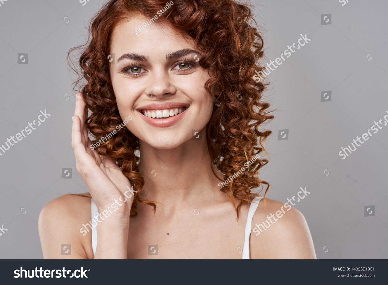 Cheerful Pretty Woman Naked Shoulders Smile Stock Photo 1435351961