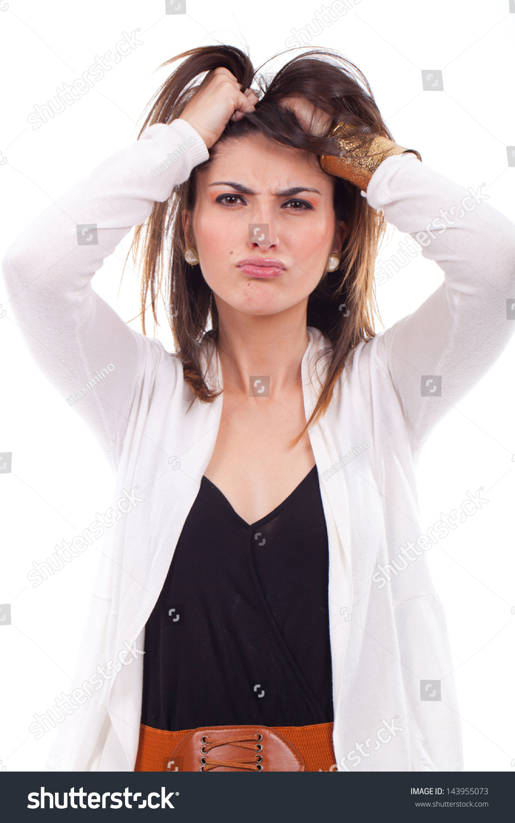 Very Frustrated Angry Woman Pulling Her Stock Photo