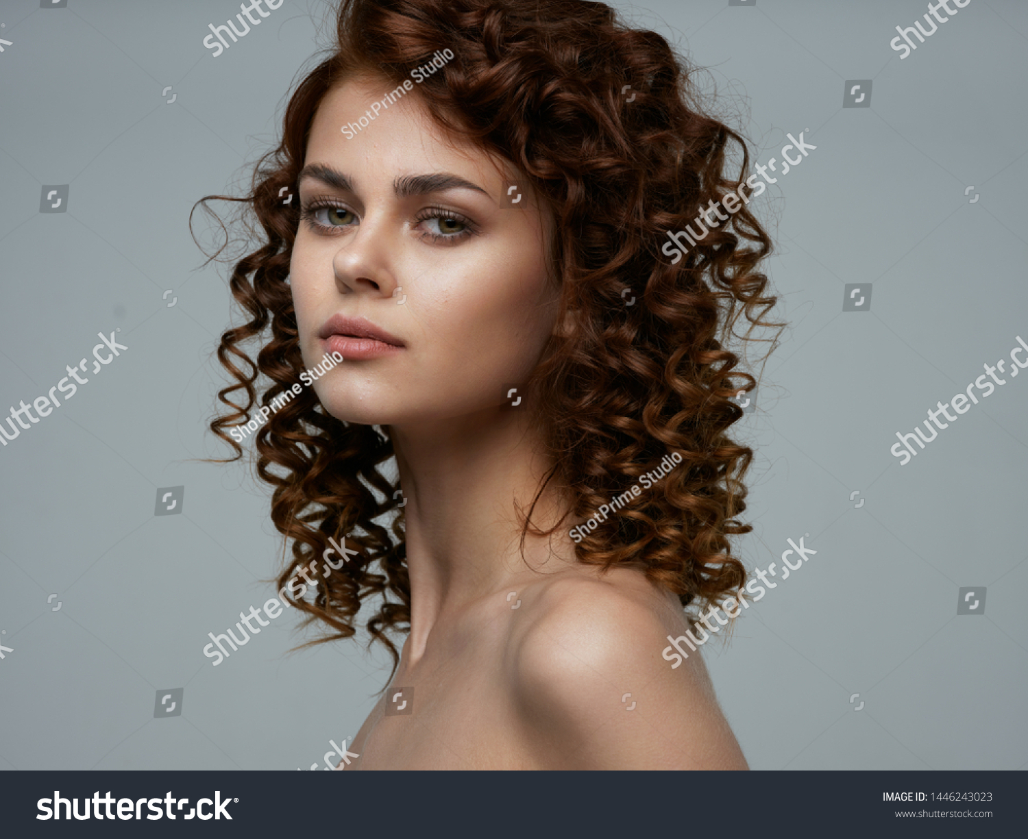 Beautiful Face Curly Hair Naked Shoulders Stock Photo