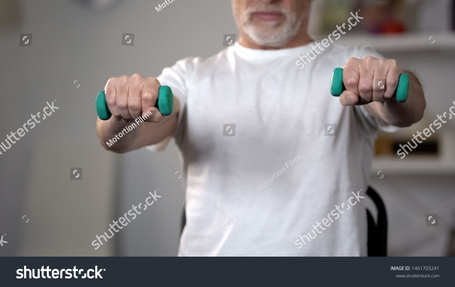Old Man Lifting Dumbbells Training Muscles Stock Photo
