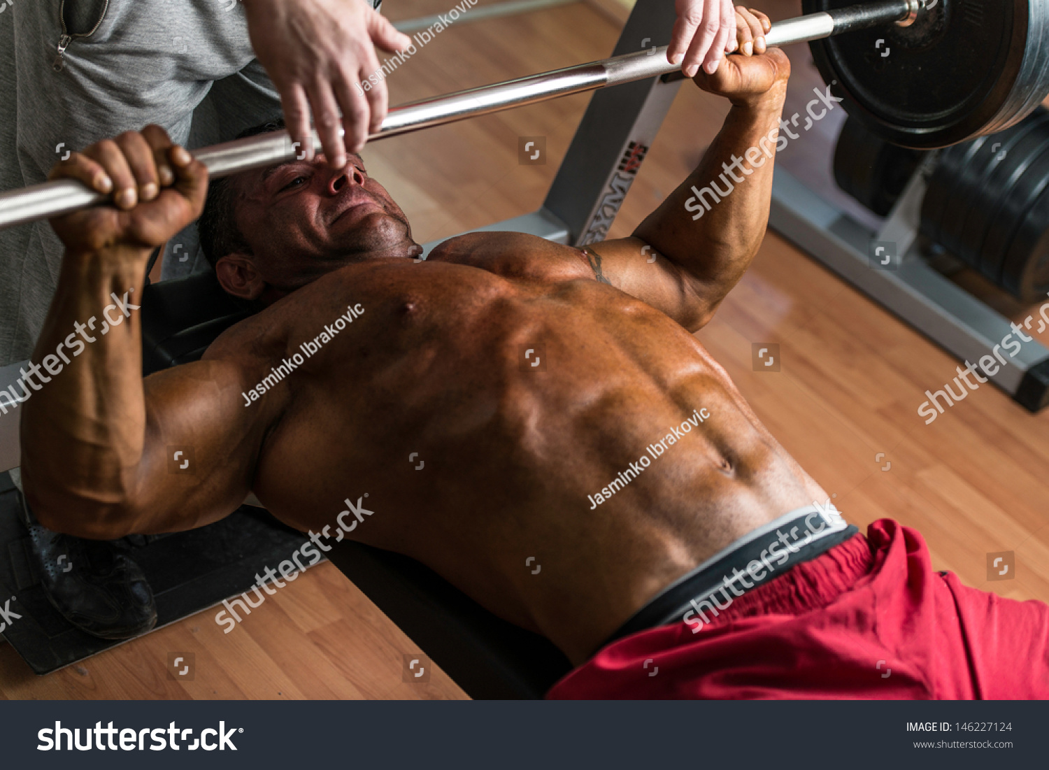 Shirtless Bodybuilder Doing Bench Press Chest Stock Photo 146227124