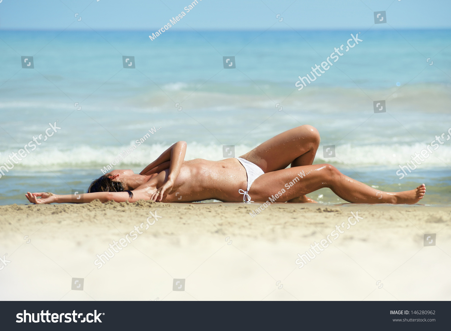 Tanned Topless Woman Lying Sand Wearing Stock Photo