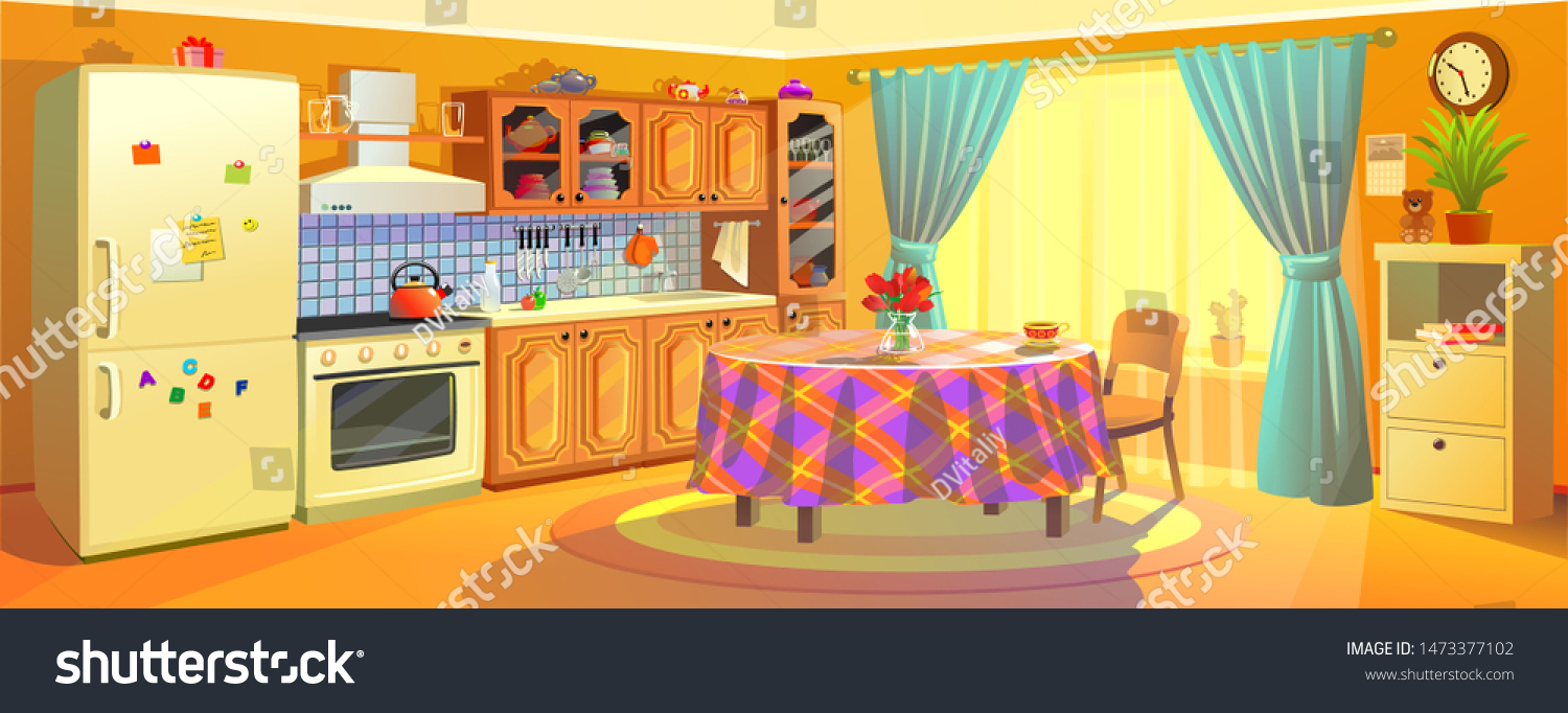 Vector Cartoon Illustration Cozy Modern Kitchen 库存矢量图免版税1473377102