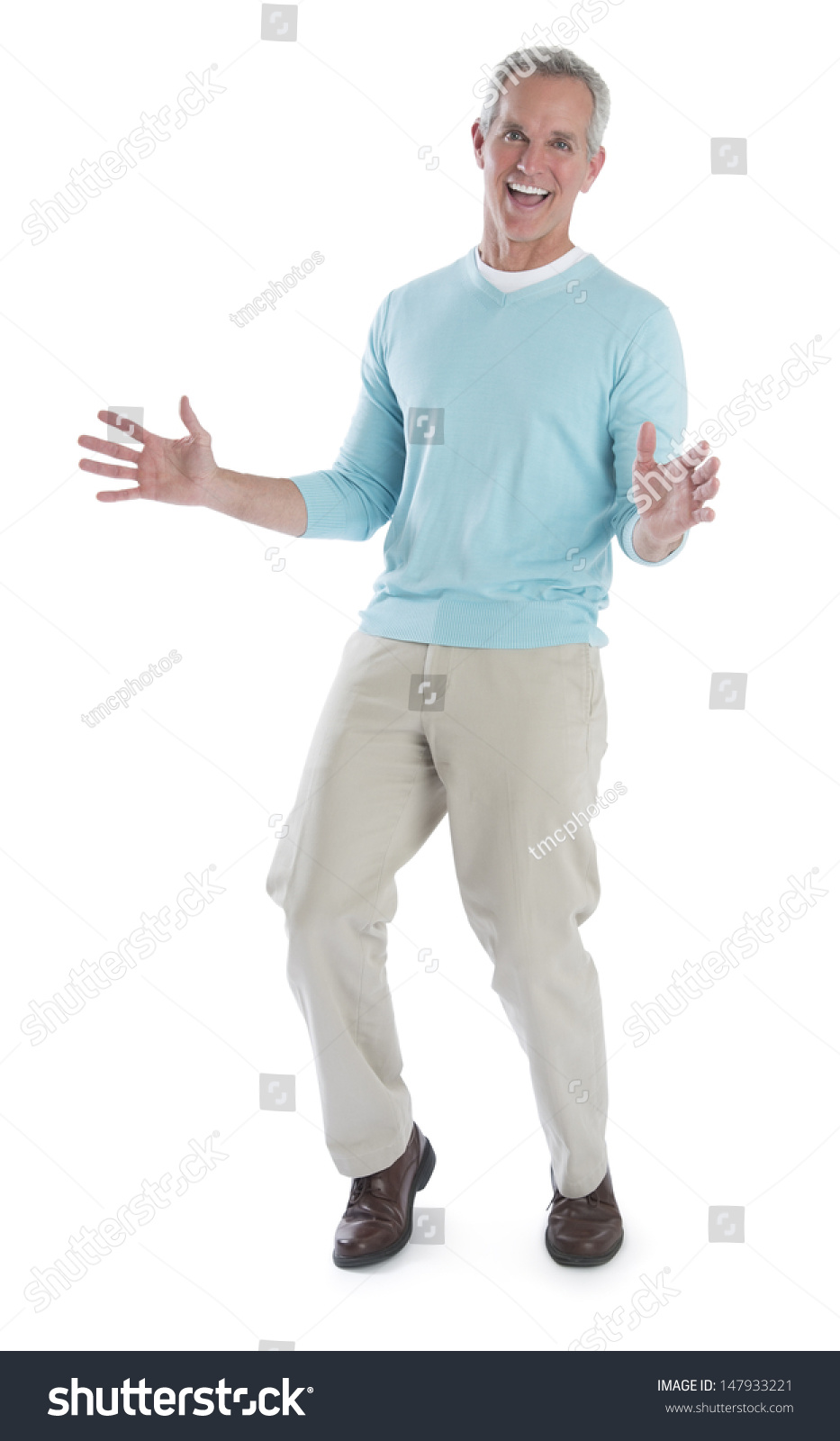 Full Length Portrait Surprised Mature Man Stock Photo