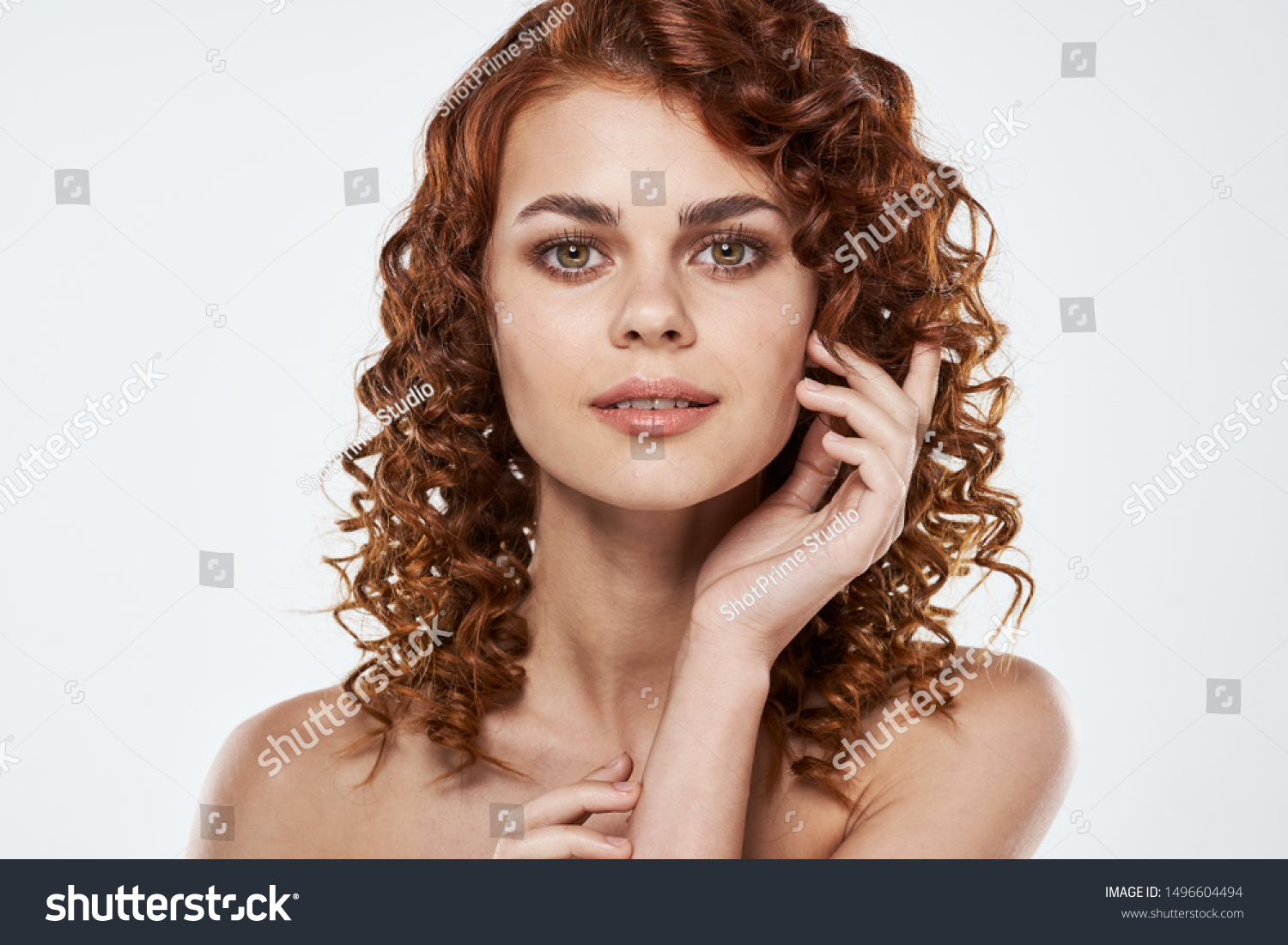 Beautiful Woman Curly Hair Naked Shoulders Stock Photo