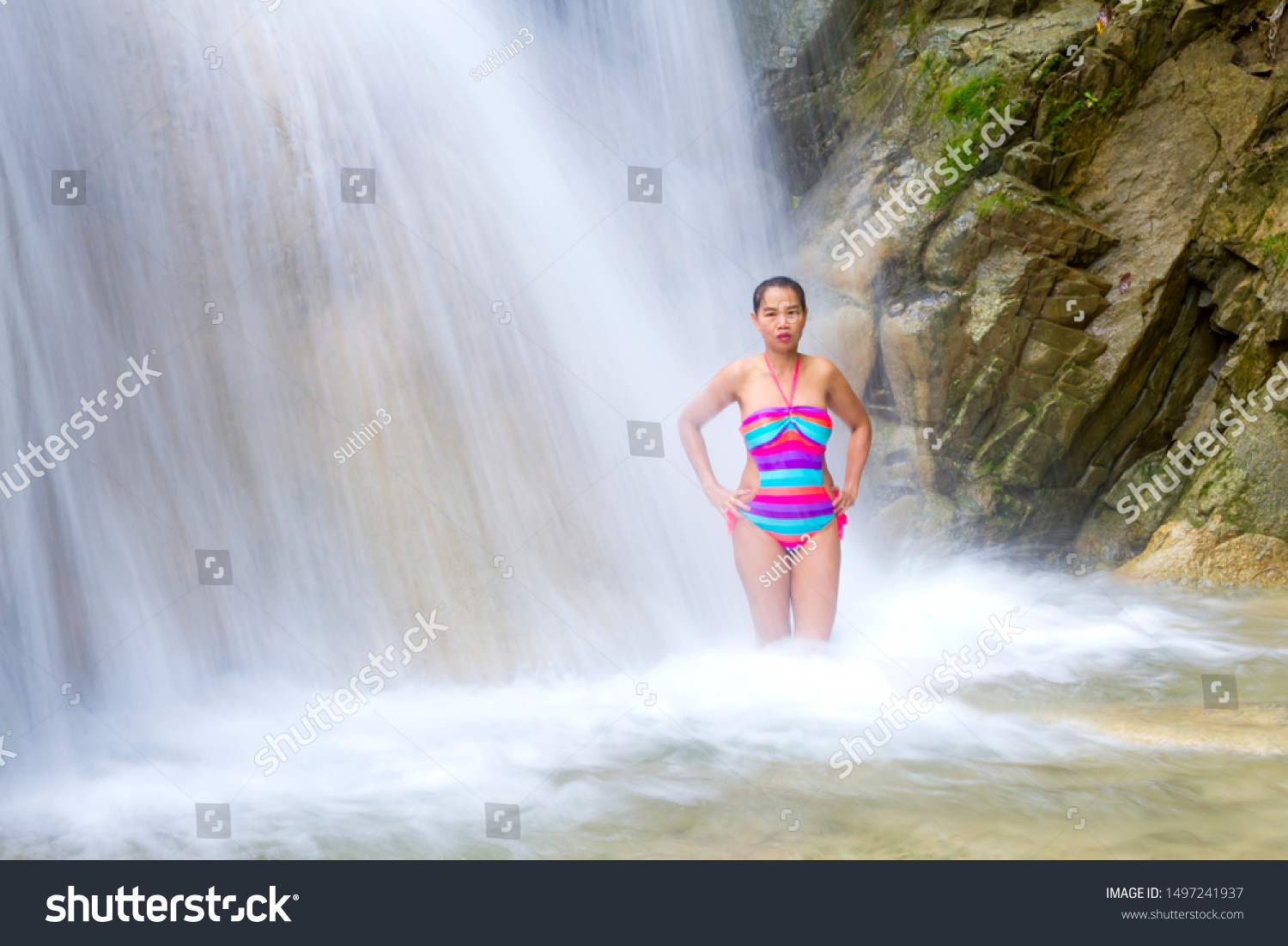 Woman Sexy Waterfall Bikini Erawan Waterfall Stock Photo