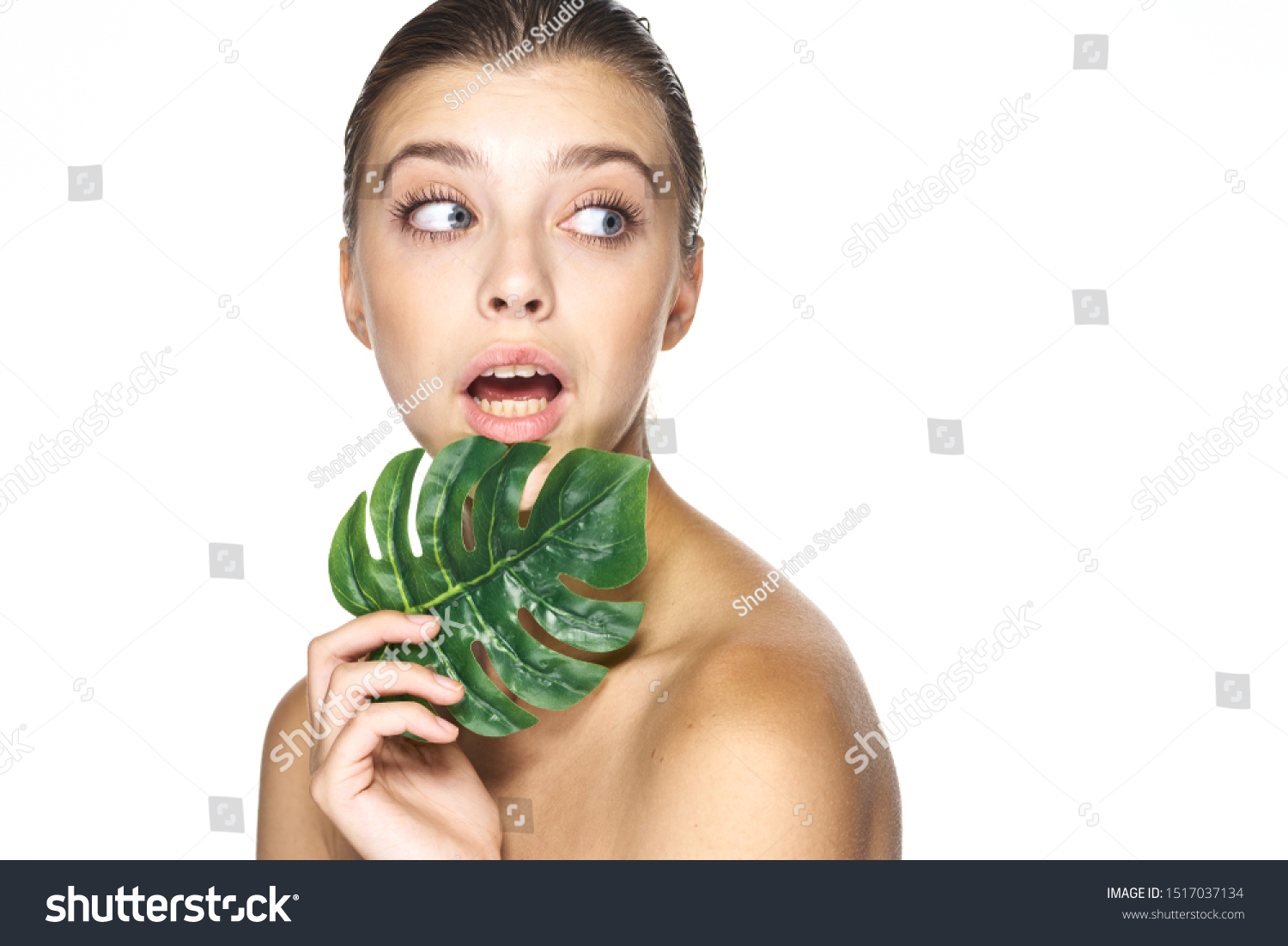 Beautiful Woman Naked Shoulders Palm Leaf Stock Photo 1517037134