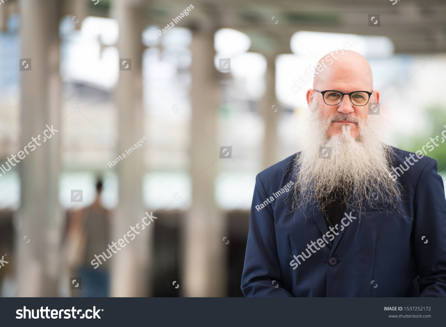 Mature Bearded Bald Businessman Eyeglasses City Stock Photo