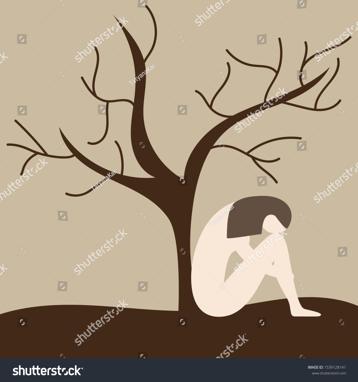 Vektor Stok Nude Woman Sitting Under Lonely Tree Tanpa Royalti