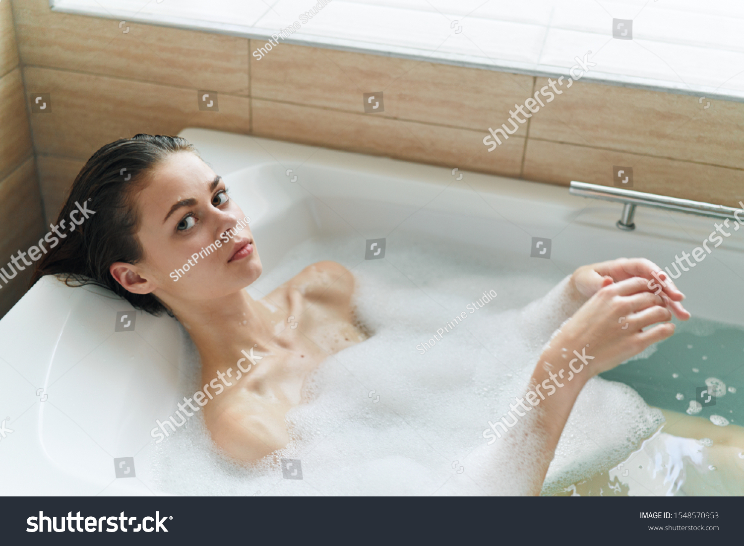 Beautiful Woman Lies White Foam Bathtub Stock Photo Shutterstock