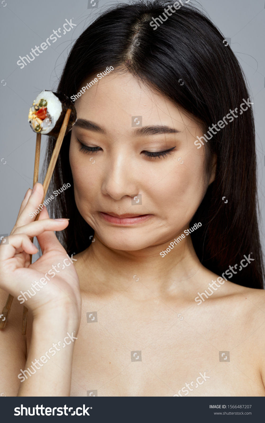 Naked Shoulders Asian Appearance Woman Japanese Stock Photo