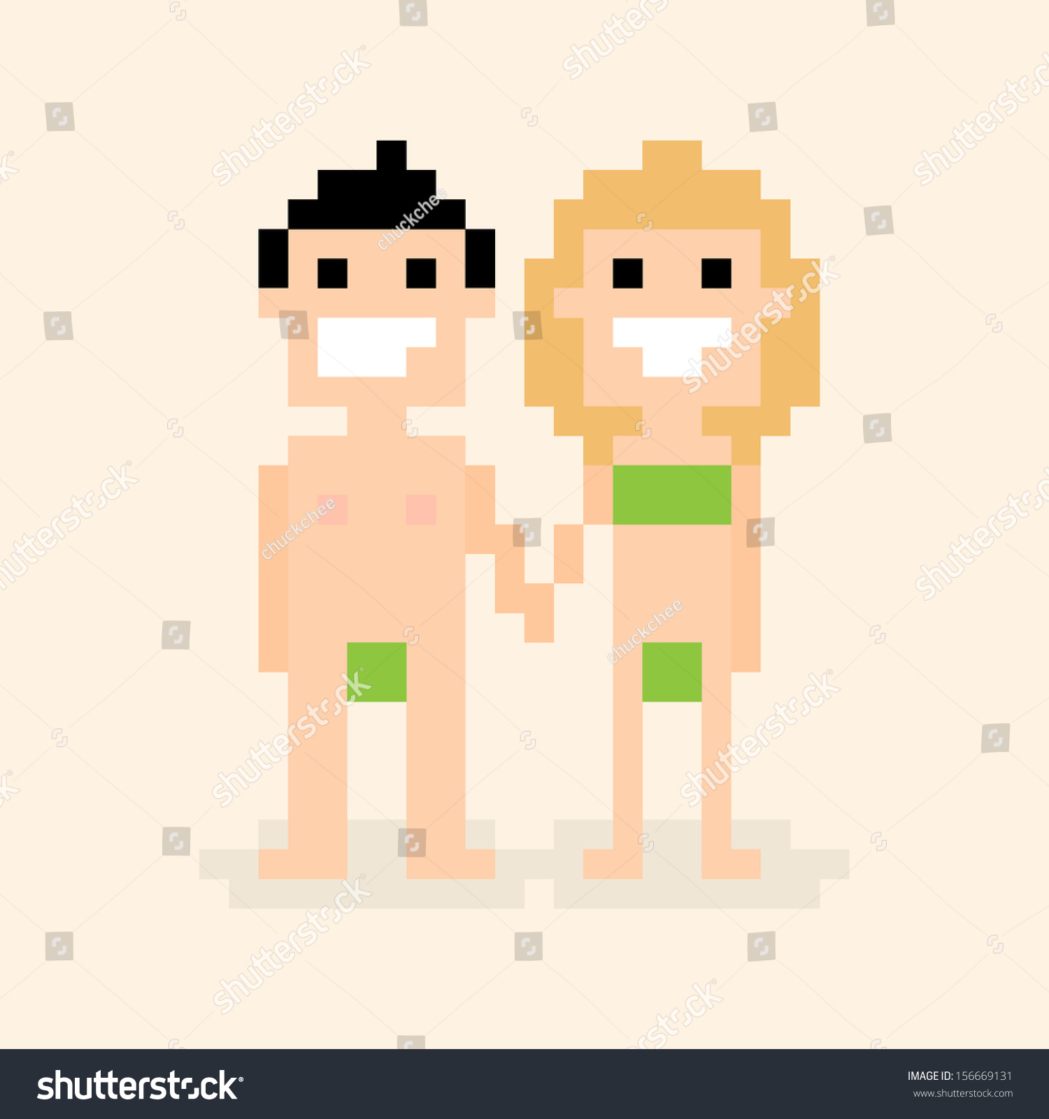 Vektor Stok Pixel Art Nude Man Woman Holding Tanpa Royalti