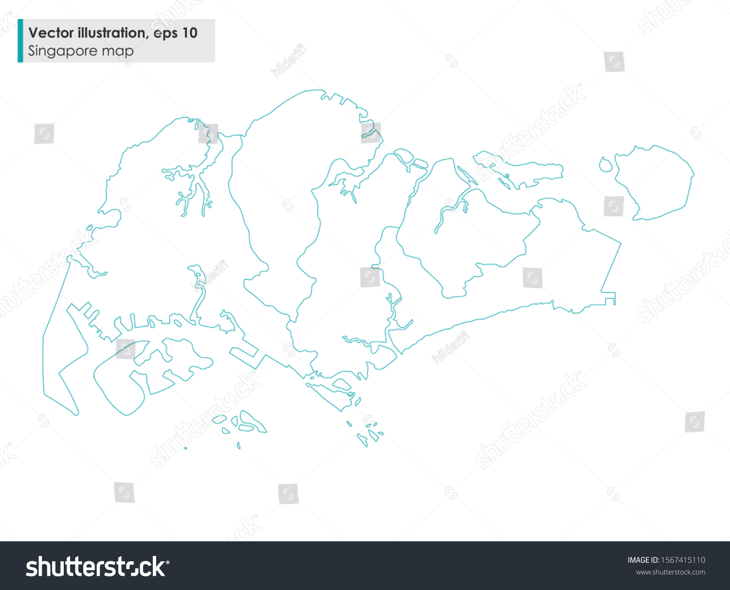 Singapore Map Regions Vector Line Illustration