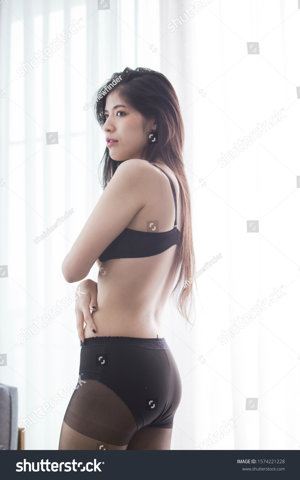 Sexy Women Wearing Black Lingerie Doing Stock Photo 1574221228