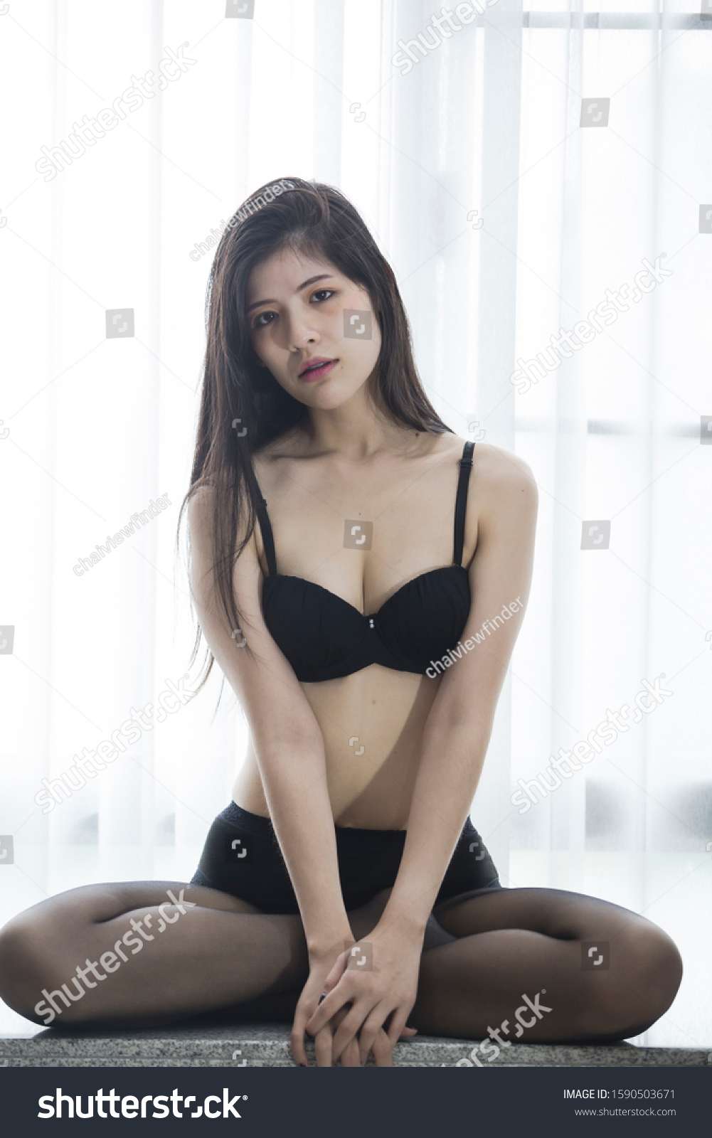 Sexy Women Wearing Black Lingerie Doing Stock Photo 1590503671