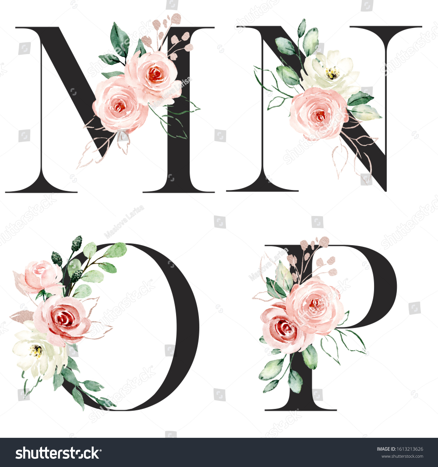 Alphabet Floral Letters Set Watercolor Flowers ilustración de stock