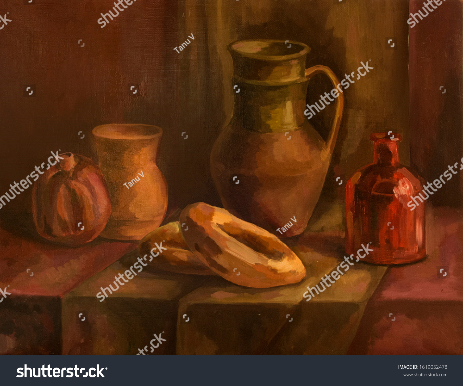 Original Oil Painting Still Life Pottery Stock Illustration