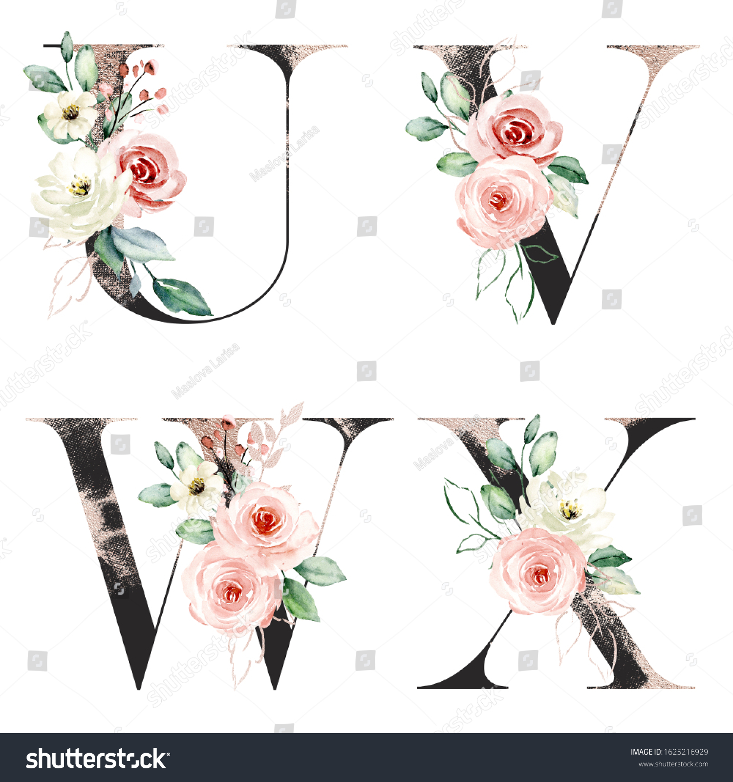 Floral Alphabet Letters Watercolor Flowers Roses Stock Illustration Shutterstock