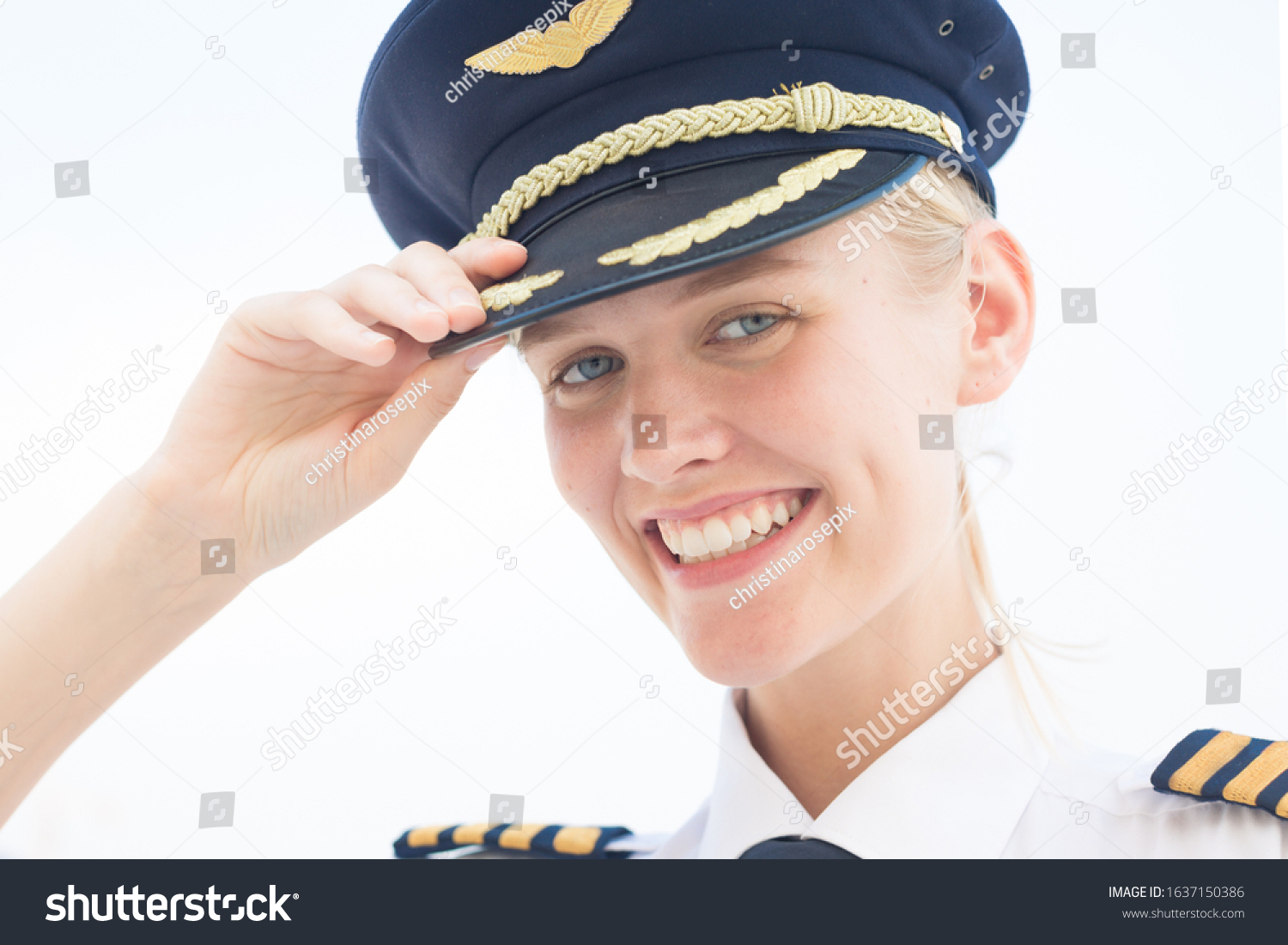 Commercial Captain Pilot Uniform Smiling Aviation Stock Photo