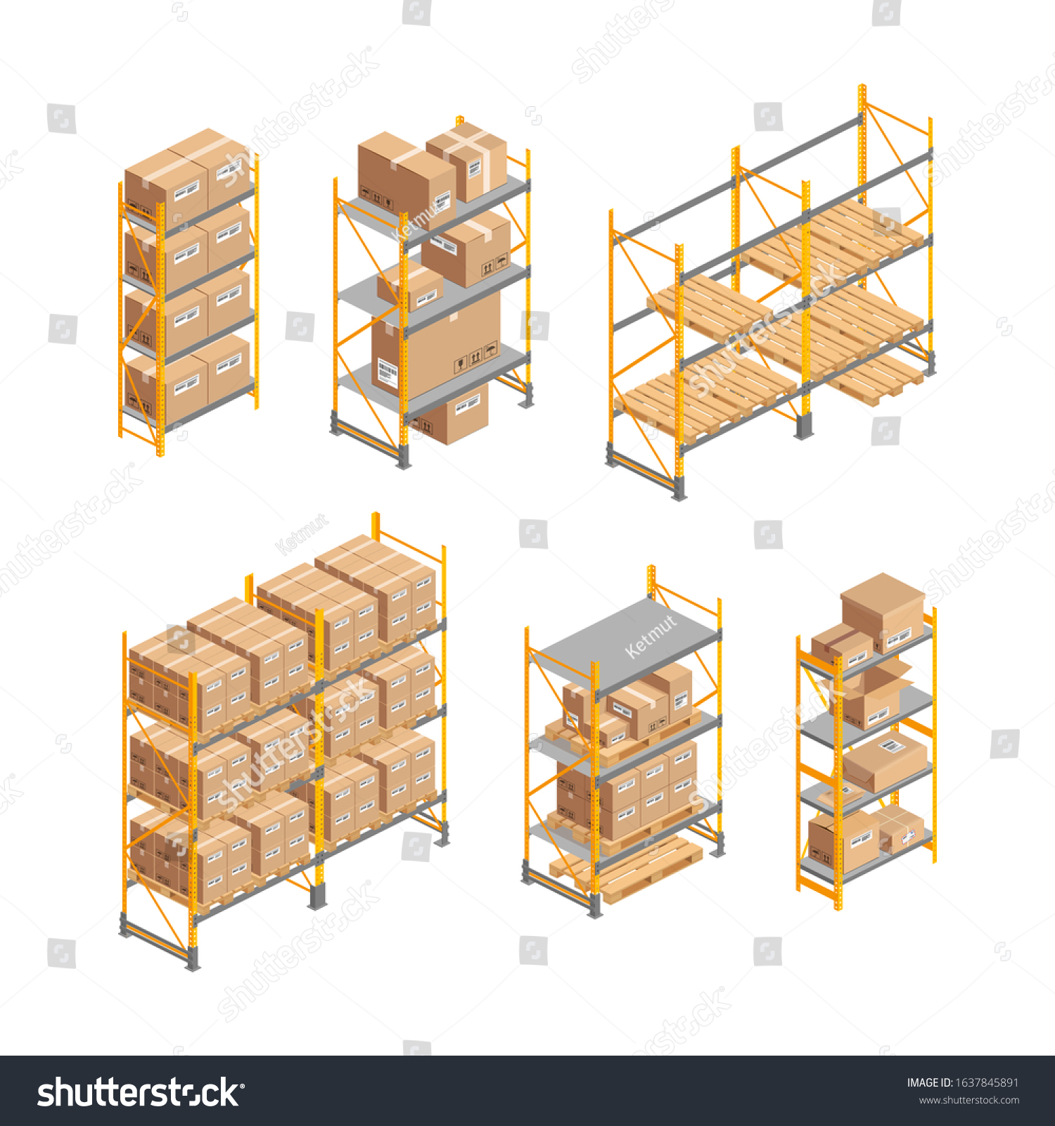 Isometric Warehouse Rack Set Pallet Boxes Stock Vector Royalty Free