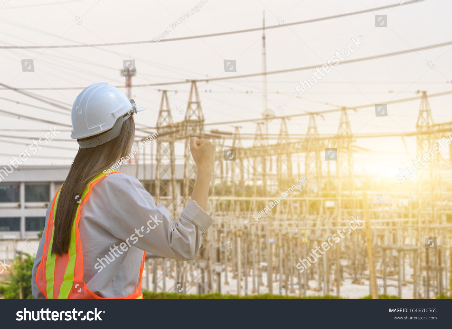 Successful Female Engineer Standing Power Substation Stock Photo