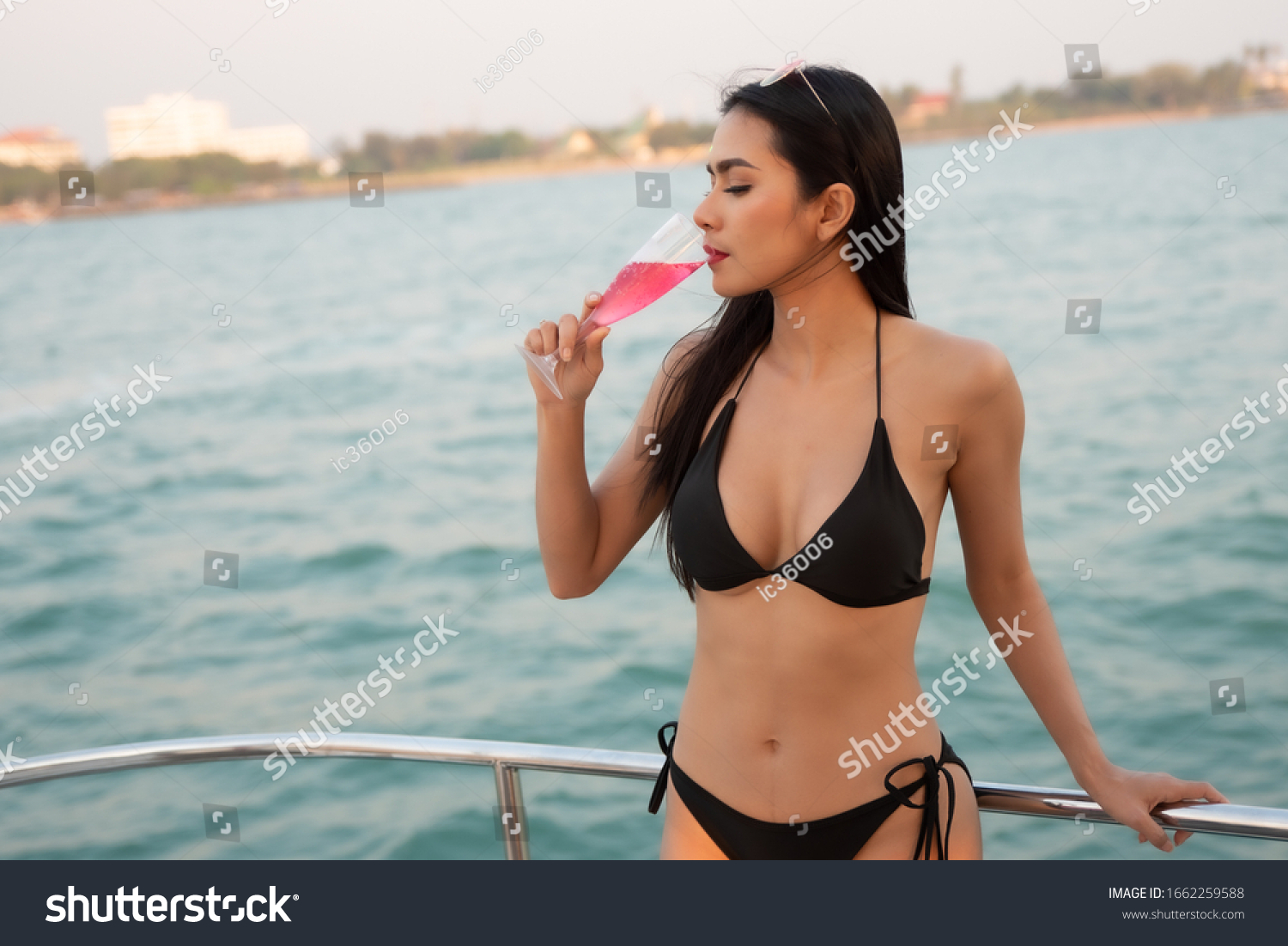 Sexy Asian Women Bikini Champagne Glass Stock Photo