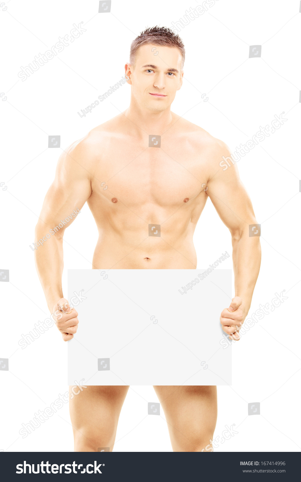 Naked Guy Holding Blank Panel Isolated Foto Stok Shutterstock