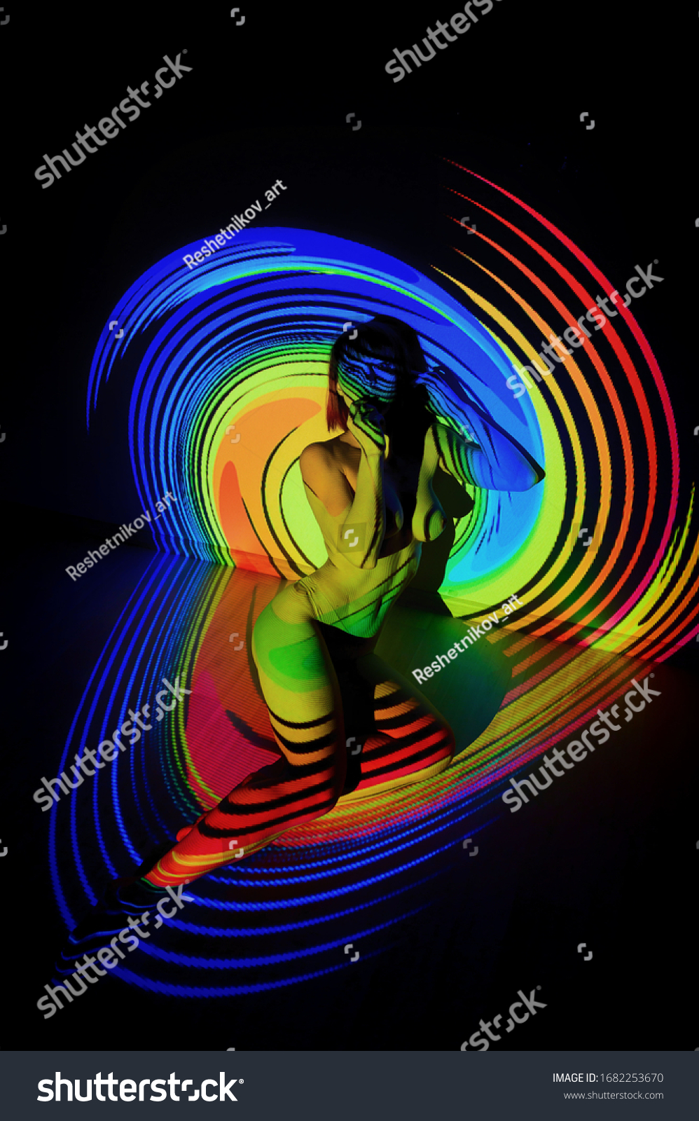 Portrait Beautiful Naked Woman Colored Beams Stock Photo 1682253670