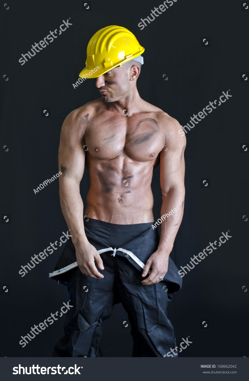 Shirtless Muscular Construction Worker