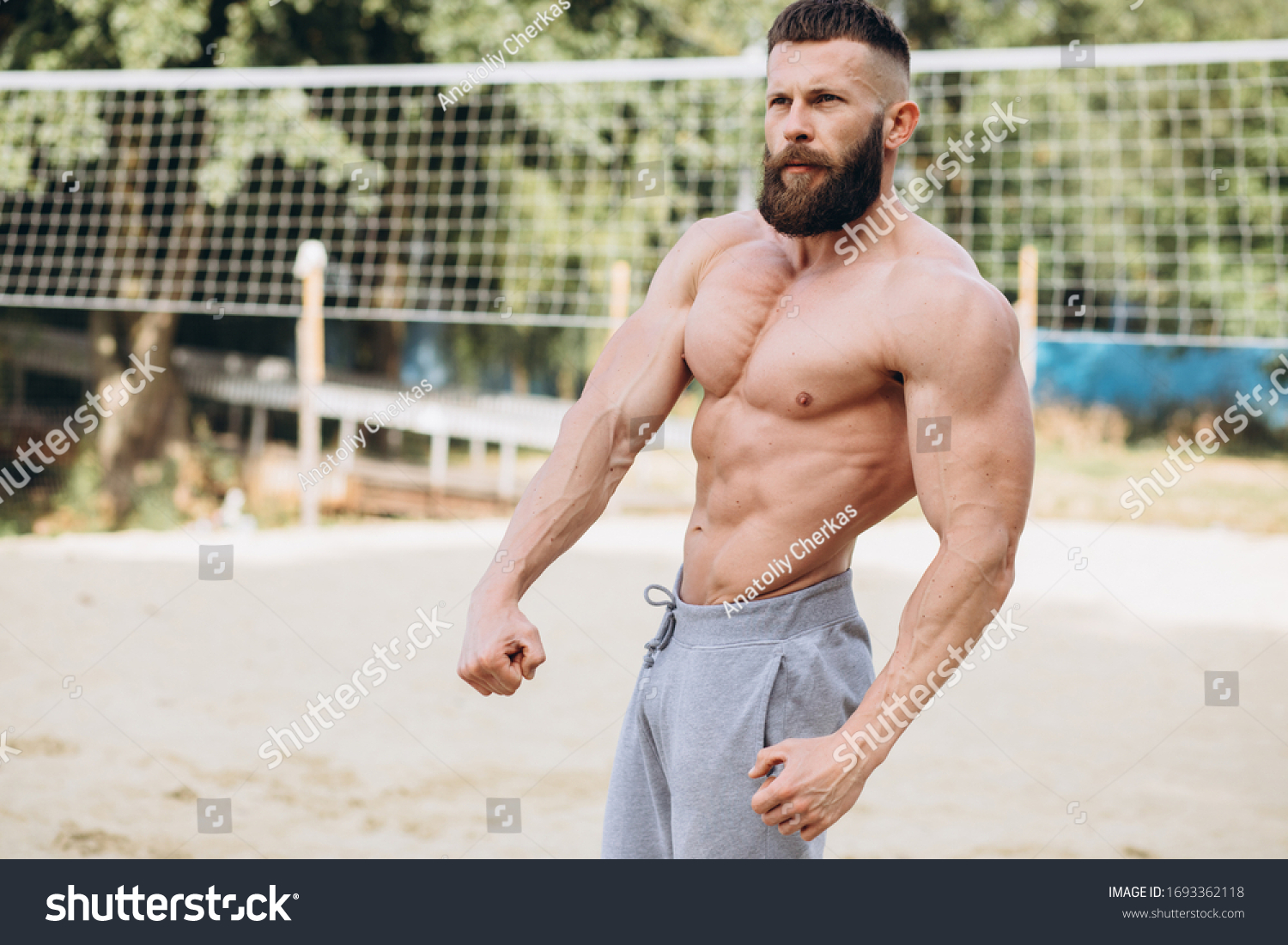 Handsome Bearded Bodybuilder Man Perfect Muscular Stock Photo