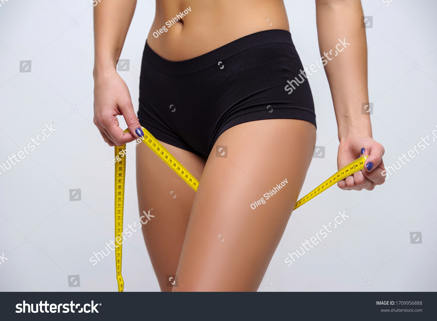 Slender Girl Lingerie Measures Hip Beautiful Stock Photo 1709956888