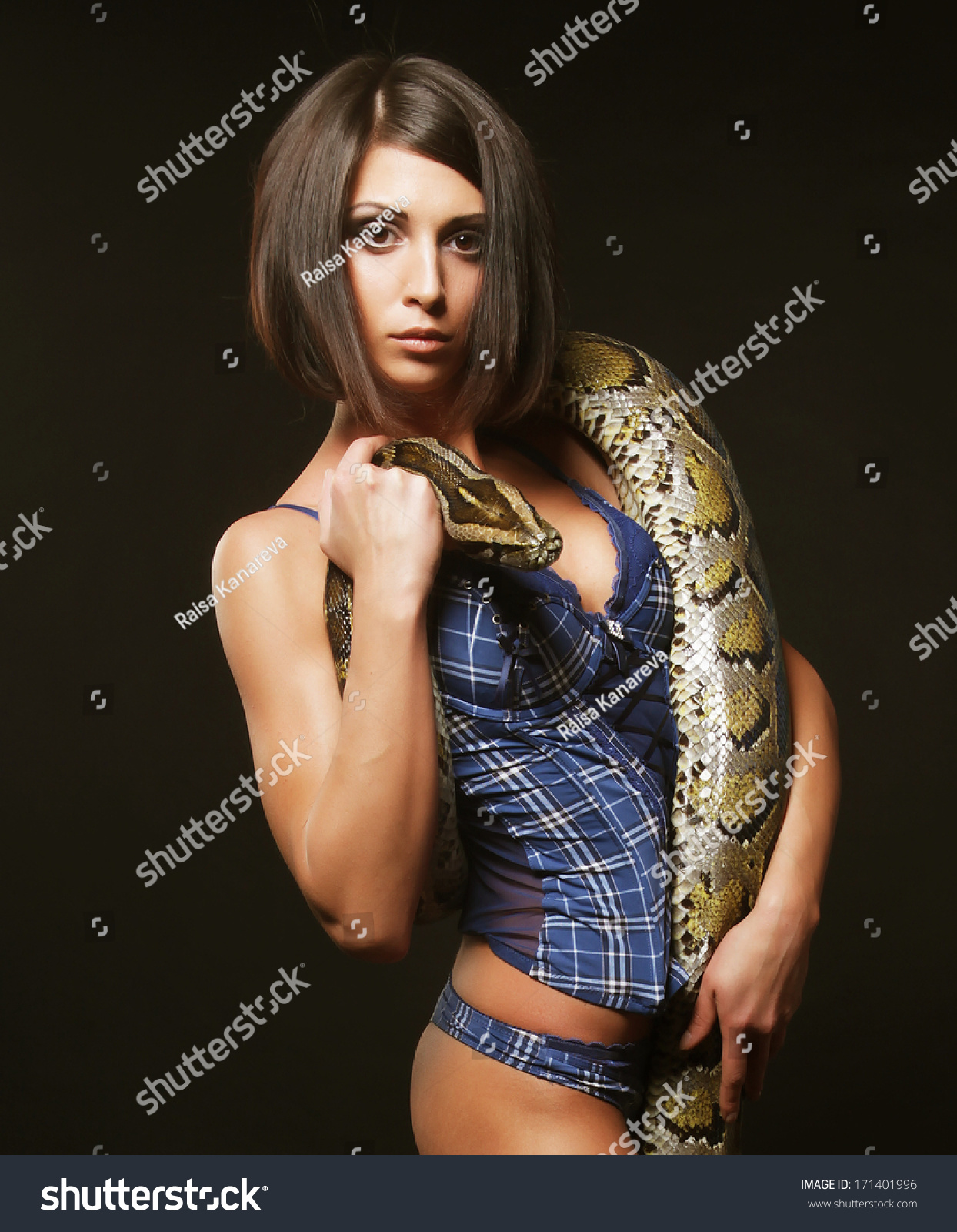 Sexy Brunette Holding Python Over Black Stock Photo 171401996