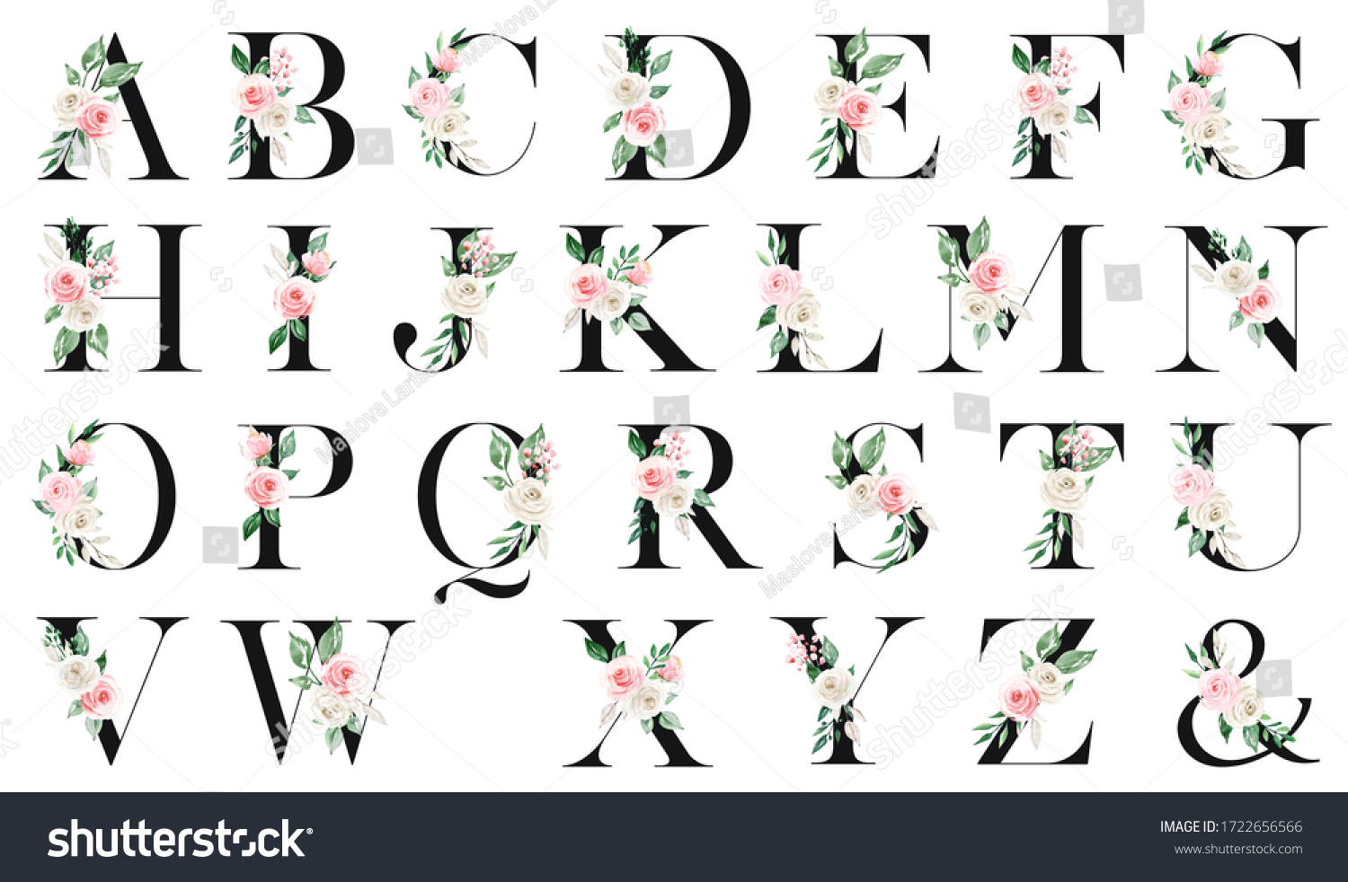 Floral Alphabet Letters Set Watercolor Flowers Stock Illustration