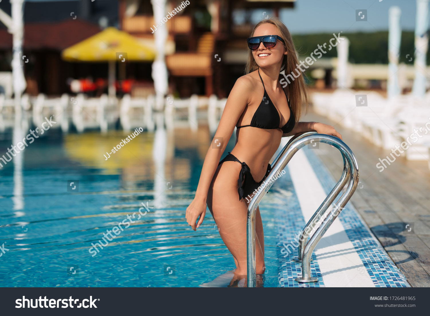 Elegan Woman Black Bikini On Suntanned Stock Photo 1726481965